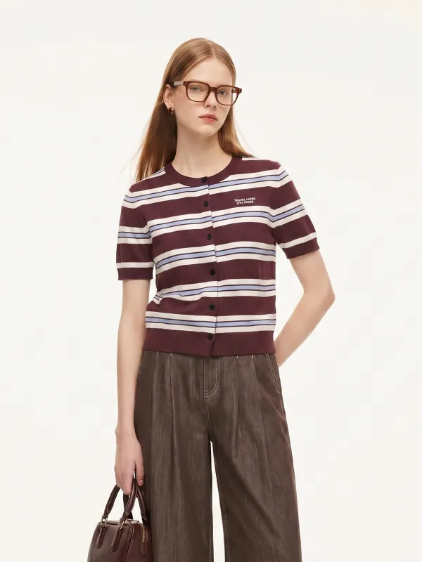 Tencel Blend Multicolored Stripe Letter Embroidered Women Cardigan made by Goelia