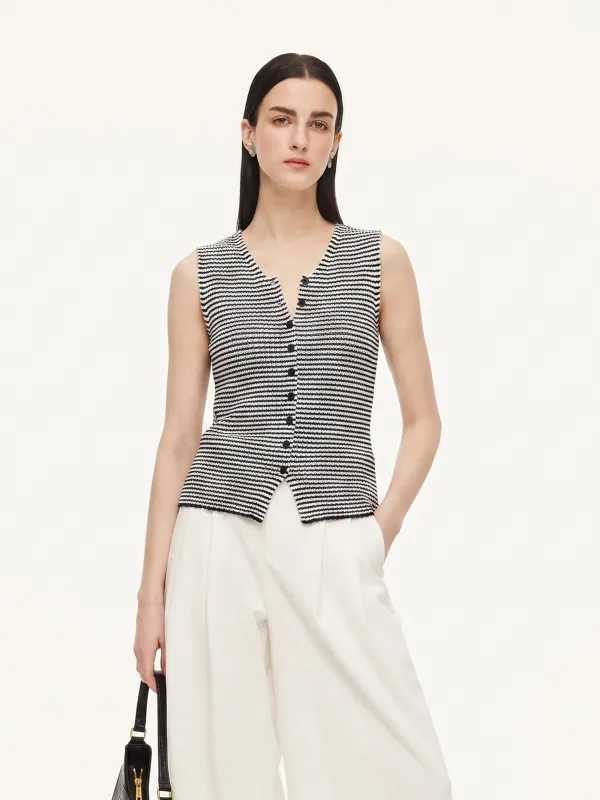 Cotton Blend Black And White Stripe Women Knit Vest made by Goelia