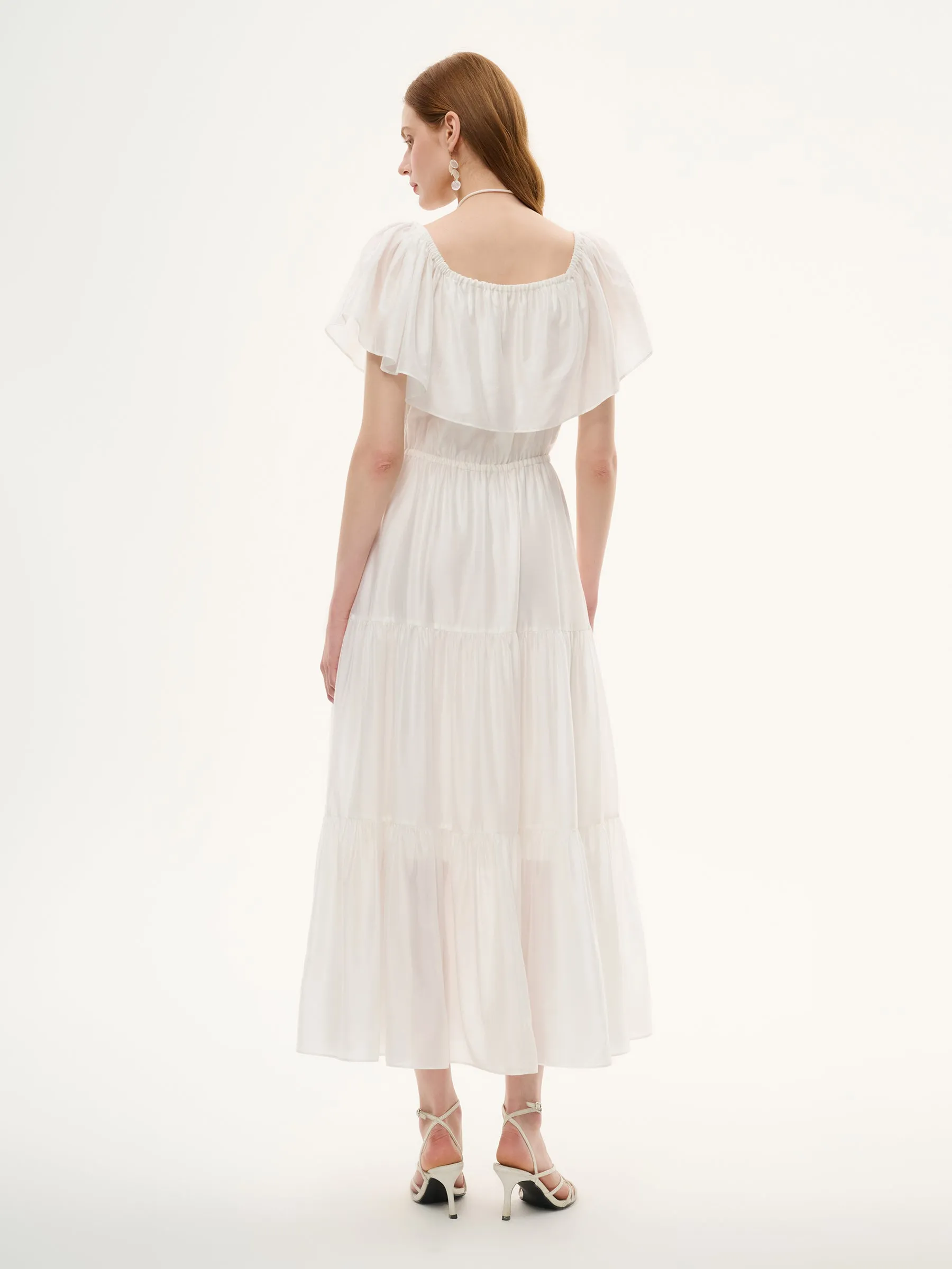 Tencel Blend Conovertible Neck Women Gathered Waist Maxi Dress With Floral Ribbon sold by Goelia product image thumbnail 4