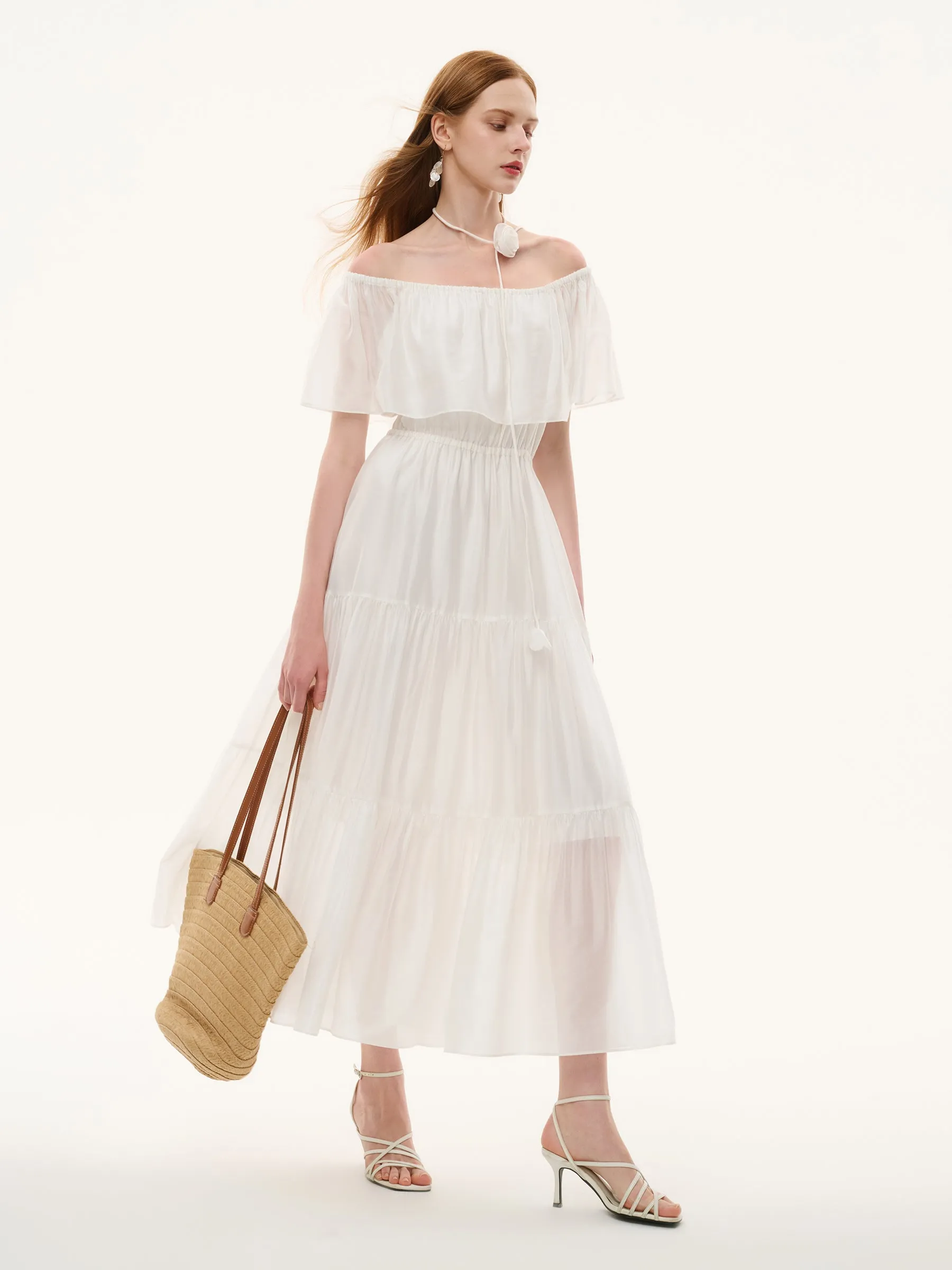 Tencel Blend Conovertible Neck Women Gathered Waist Maxi Dress With Floral Ribbon sold by Goelia product image thumbnail 3