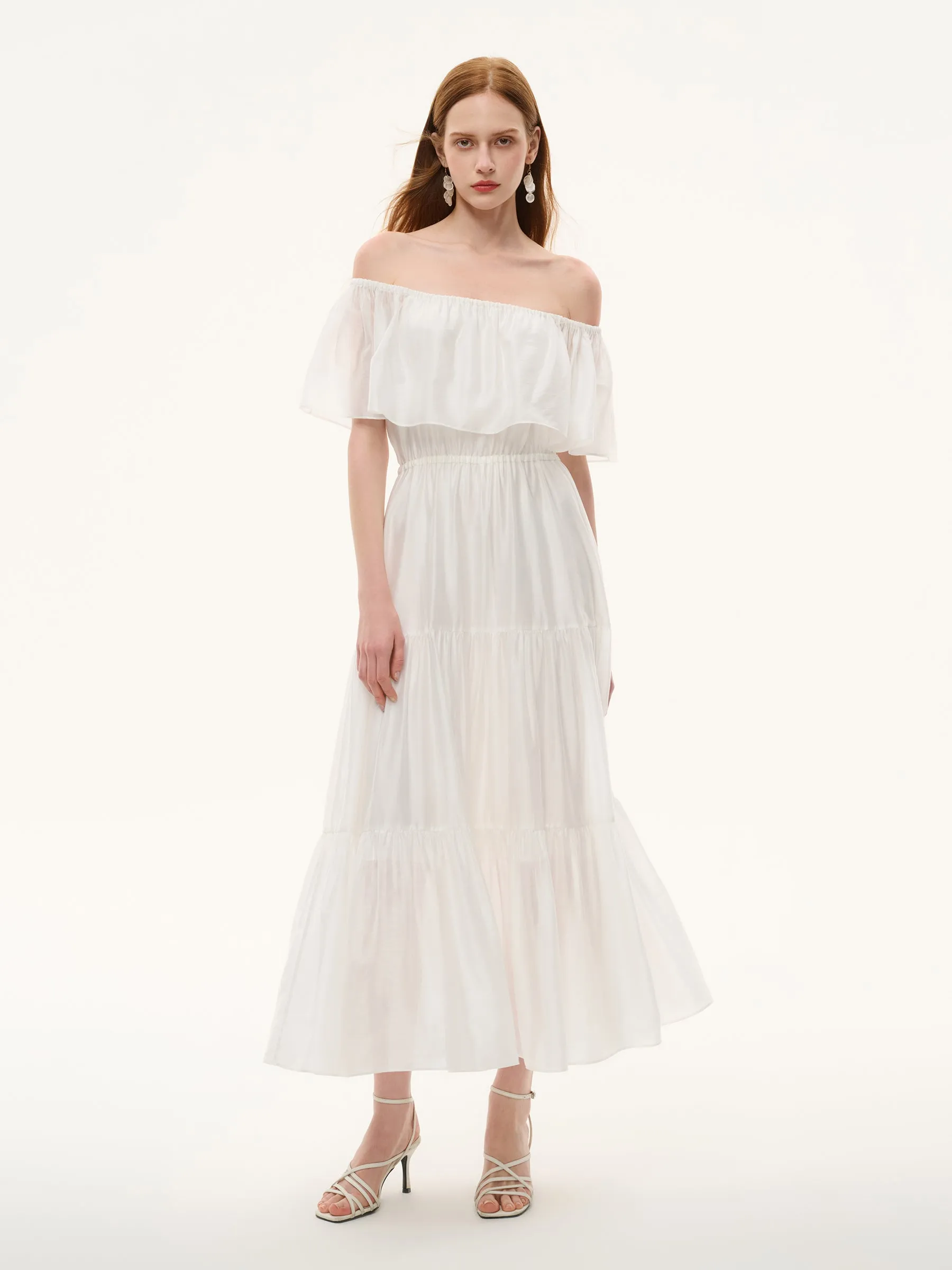 Tencel Blend Conovertible Neck Women Gathered Waist Maxi Dress With Floral Ribbon sold by Goelia product image thumbnail 2