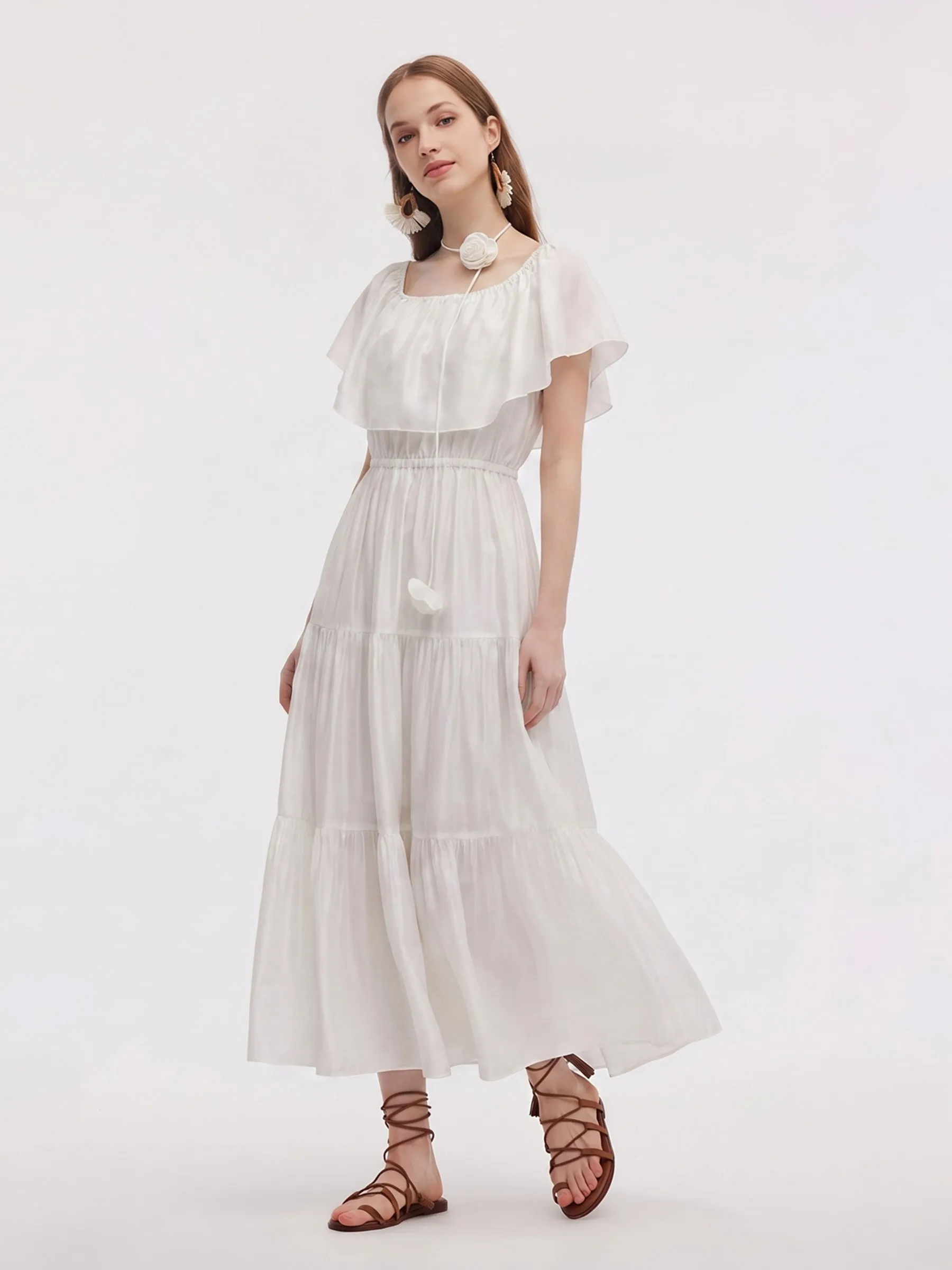Tencel Blend Conovertible Neck Women Gathered Waist Maxi Dress With Floral Ribbon sold by Goelia product image thumbnail 5