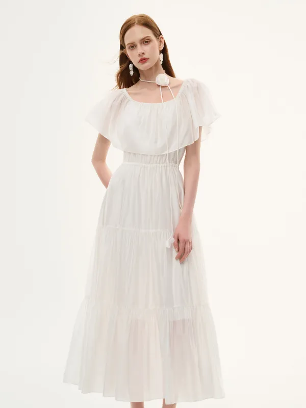 Tencel Blend Conovertible Neck Women Gathered Waist Maxi Dress With Floral Ribbon made by Goelia