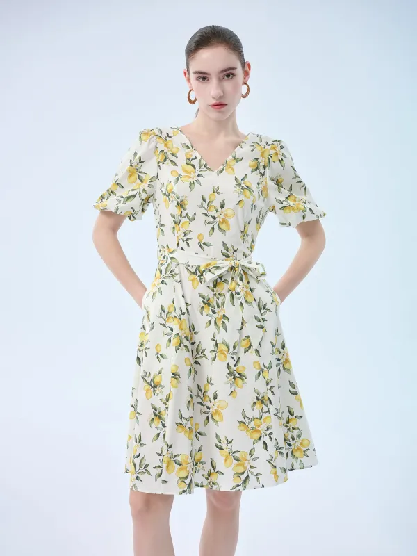 Cotton Lemon Print V-Neck Women Belted Midi Dress made by Goelia
