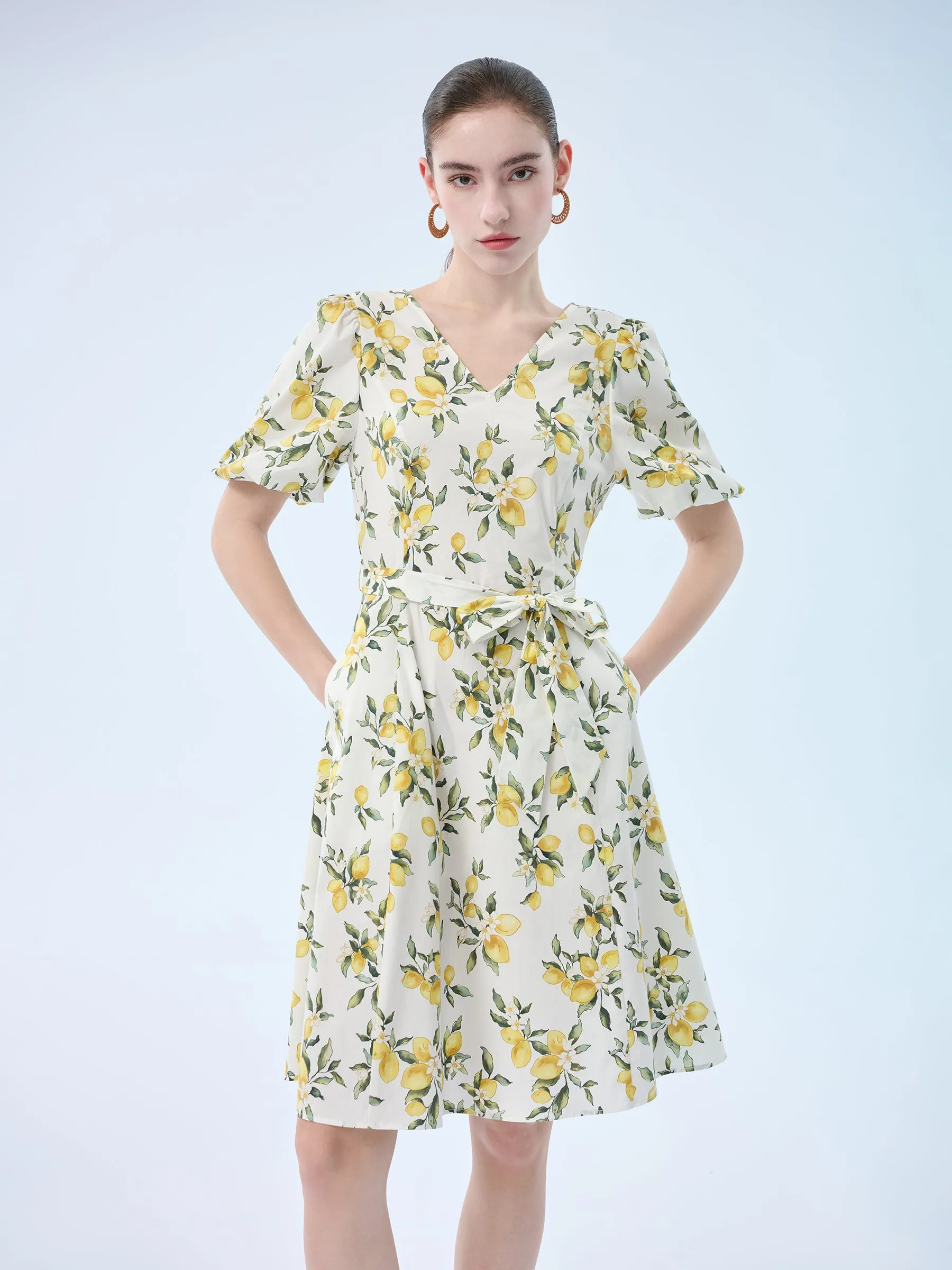 Cotton Lemon Print V-Neck Women Belted Midi Dress sold by Goelia