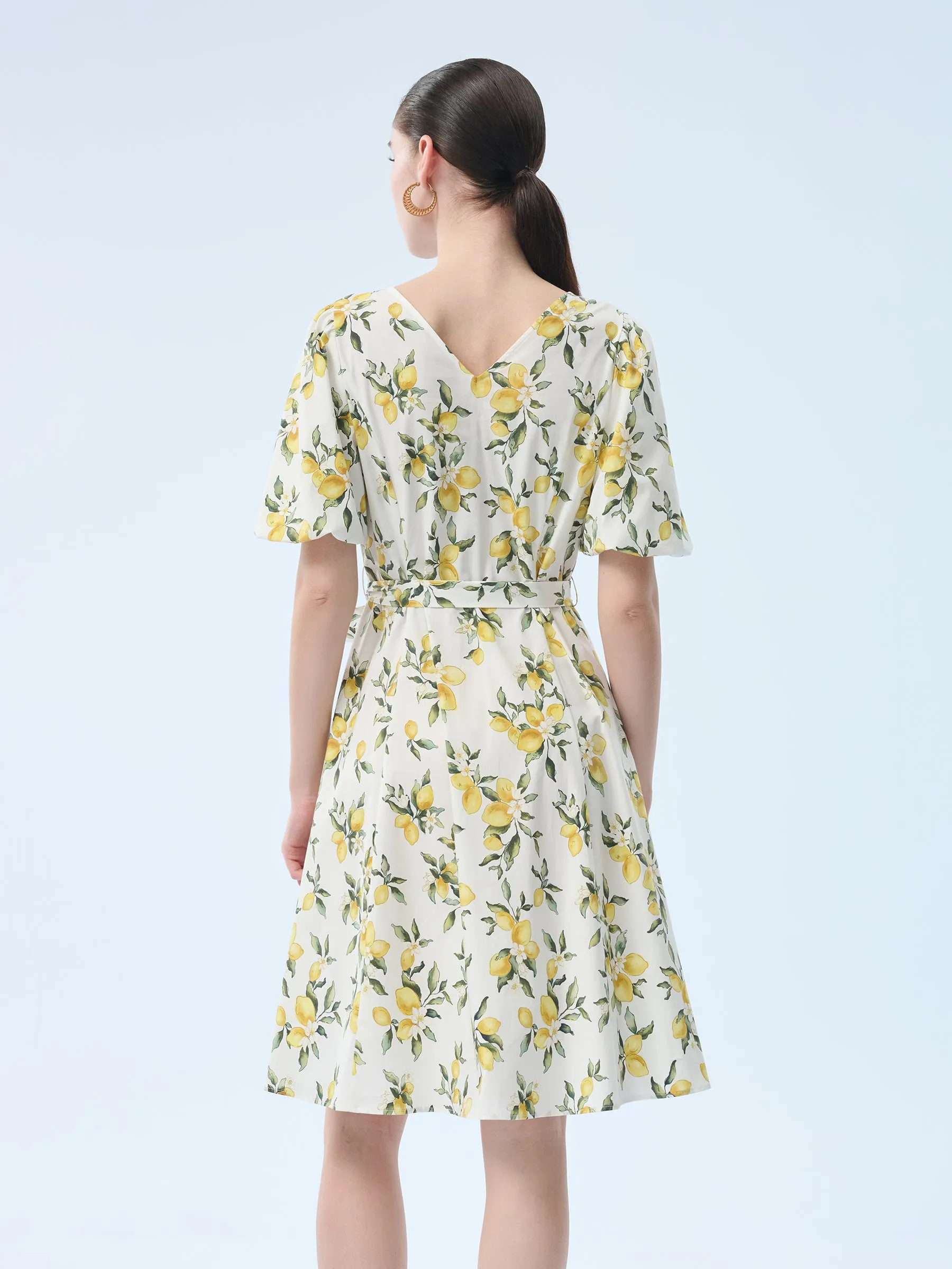 Cotton Lemon Print V-Neck Women Belted Midi Dress sold by Goelia product image thumbnail 4