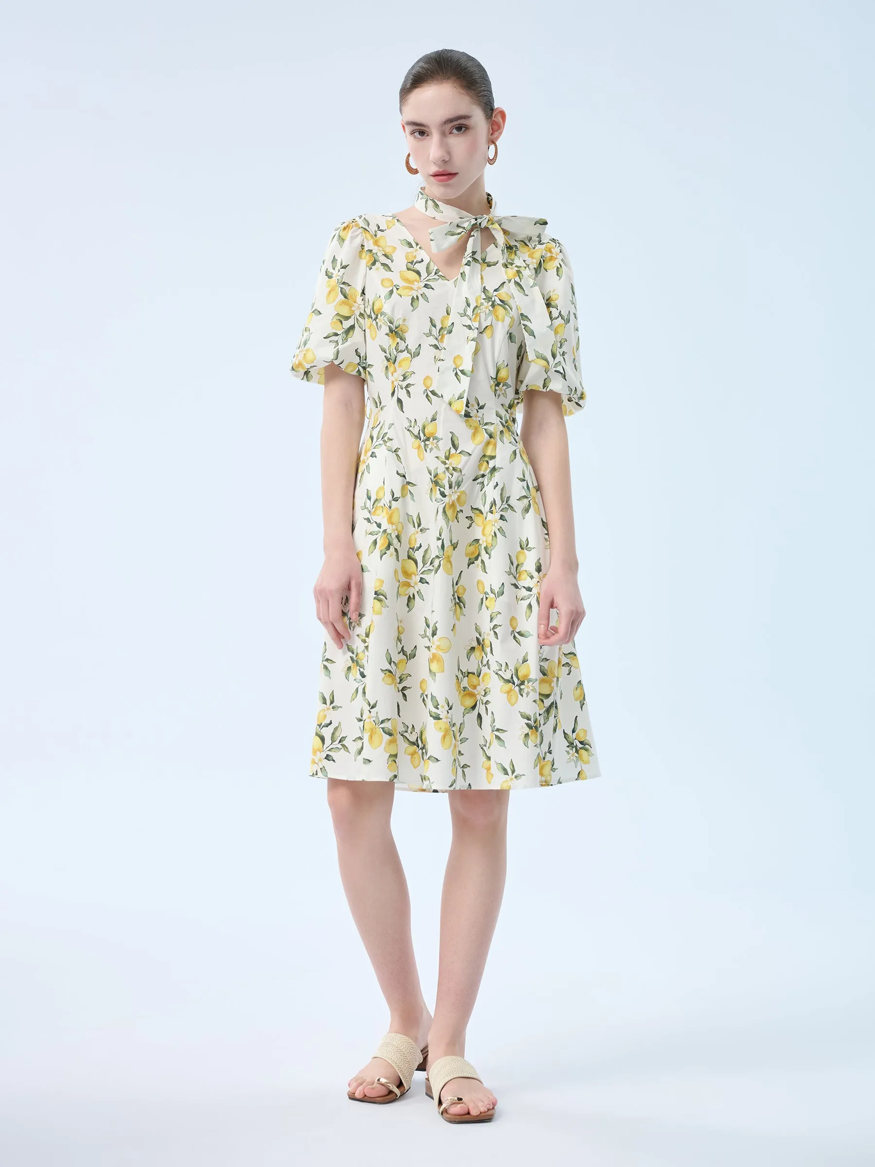 Cotton Lemon Print V-Neck Women Belted Midi Dress sold by Goelia product image thumbnail 3