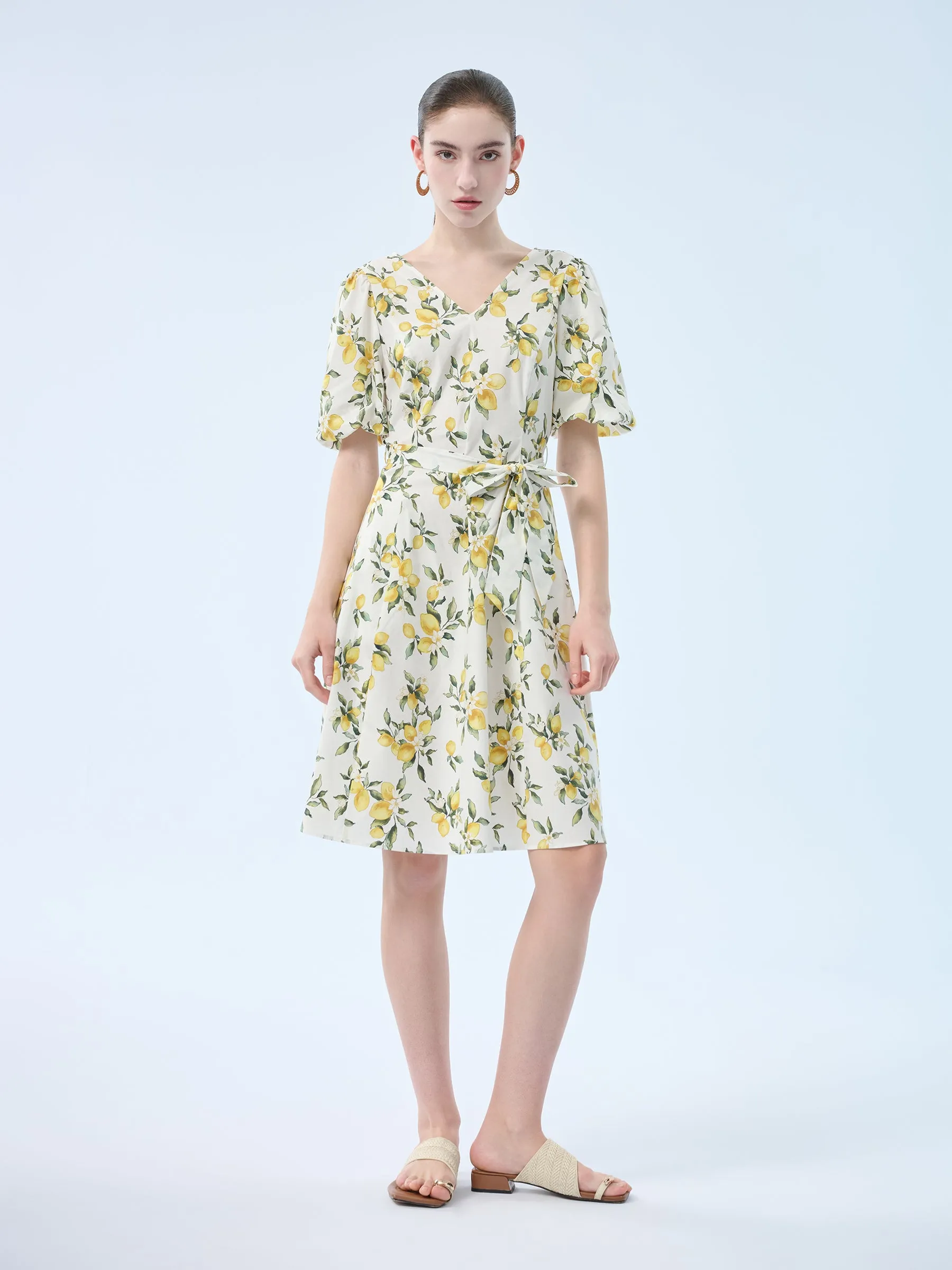 Cotton Lemon Print V-Neck Women Belted Midi Dress sold by Goelia product image thumbnail 2