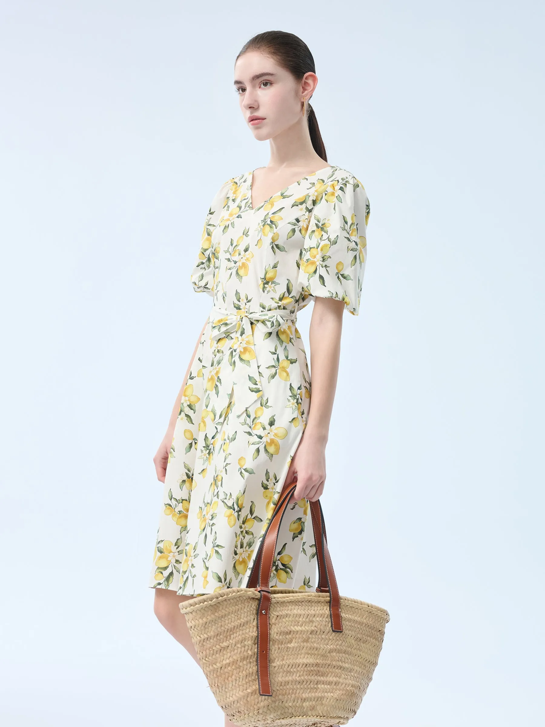 Cotton Lemon Print V-Neck Women Belted Midi Dress sold by Goelia product image thumbnail 5