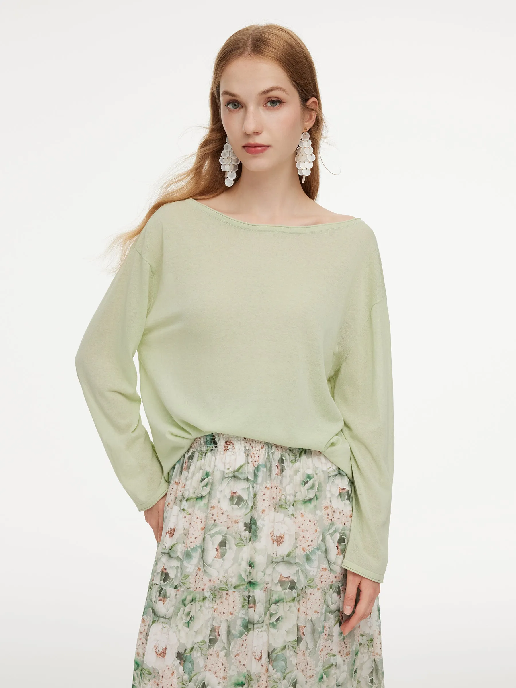 Triacetate Linen Cotton Blend Boat Neck Women Lightweight Knit Top sold by Goelia