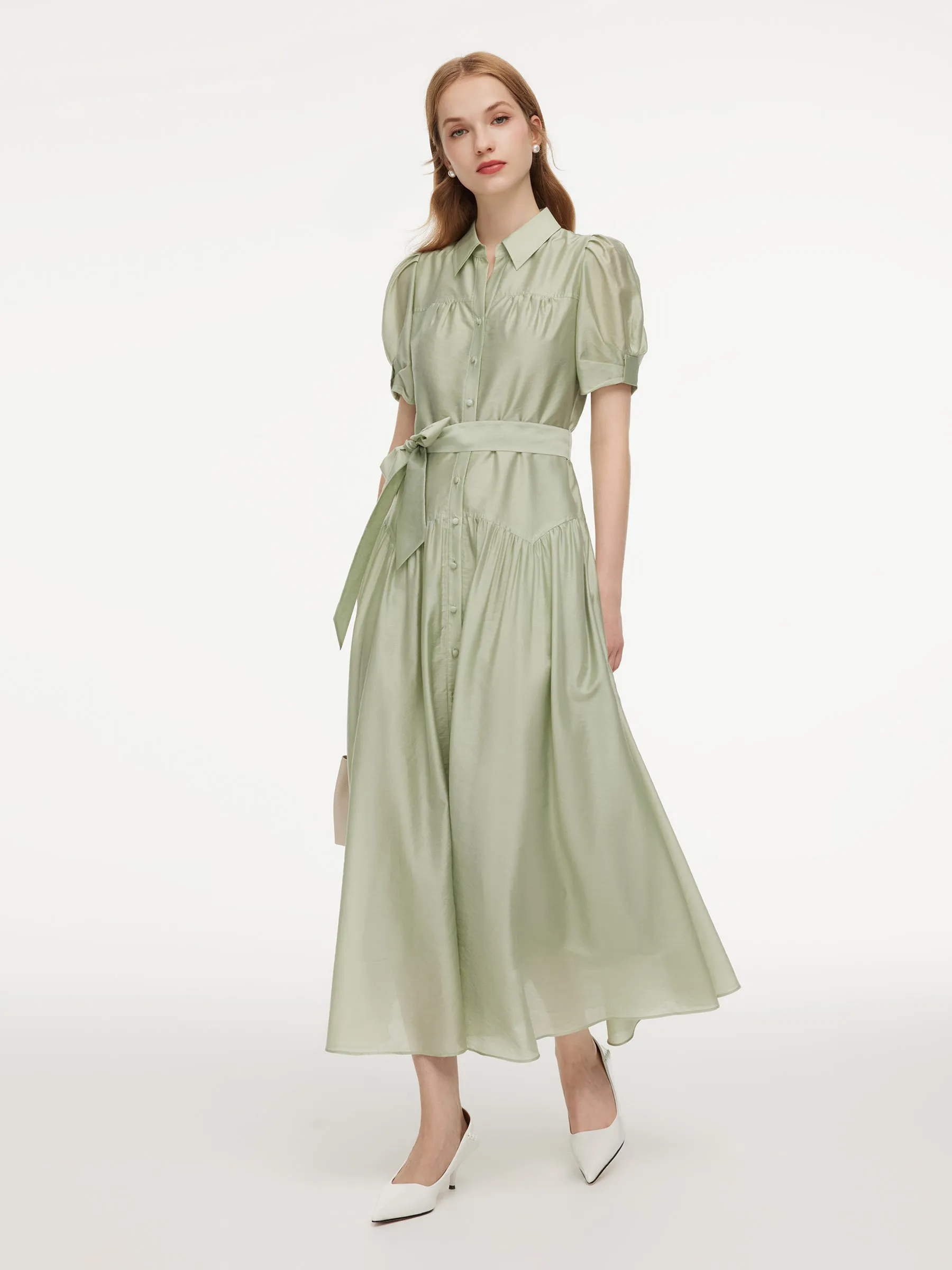 Tencel Blend Puff Sleeve Women Belted Maxi Shirt Dress sold by Goelia product image thumbnail 2
