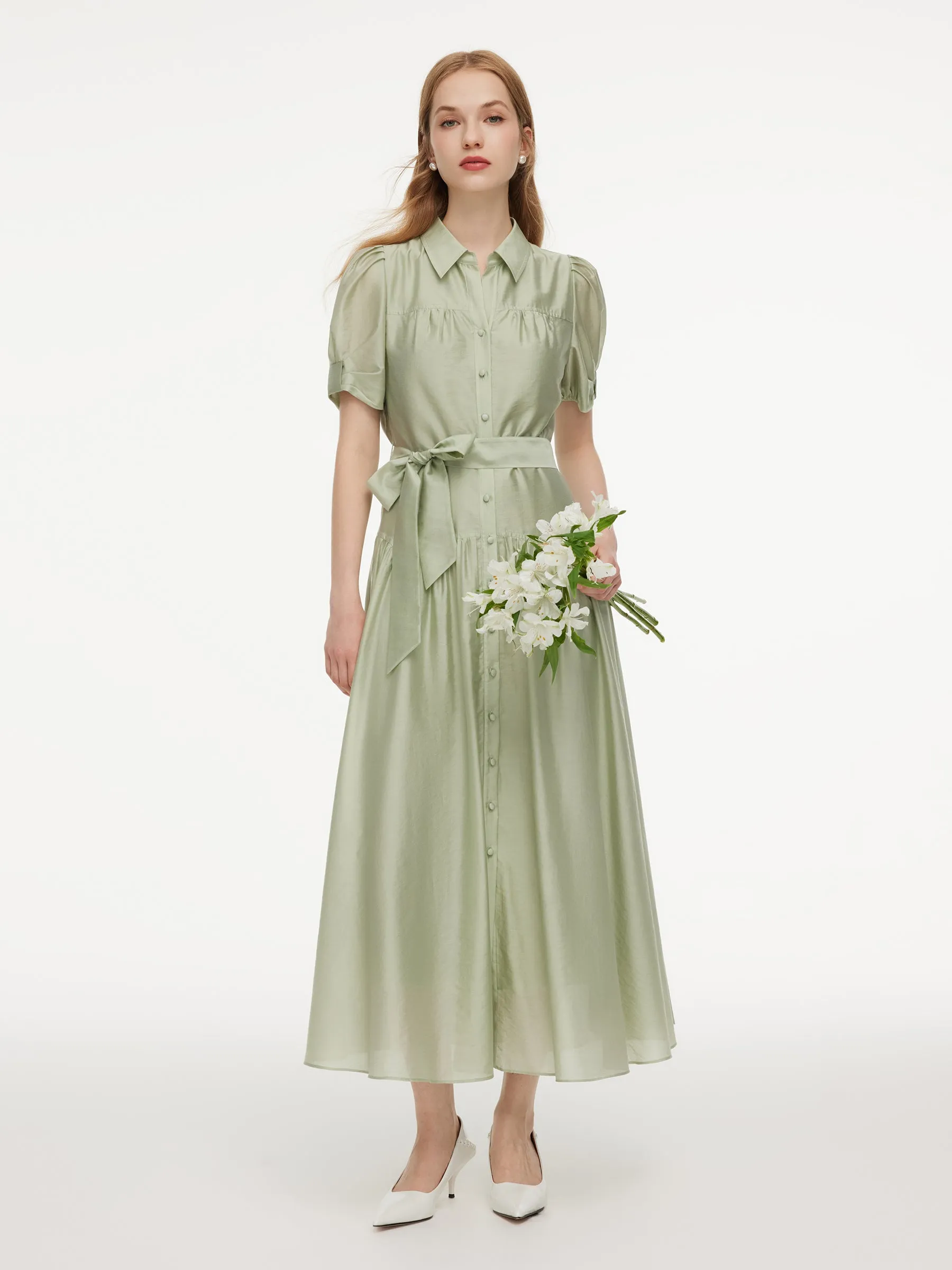 Tencel Blend Puff Sleeve Women Belted Maxi Shirt Dress sold by Goelia