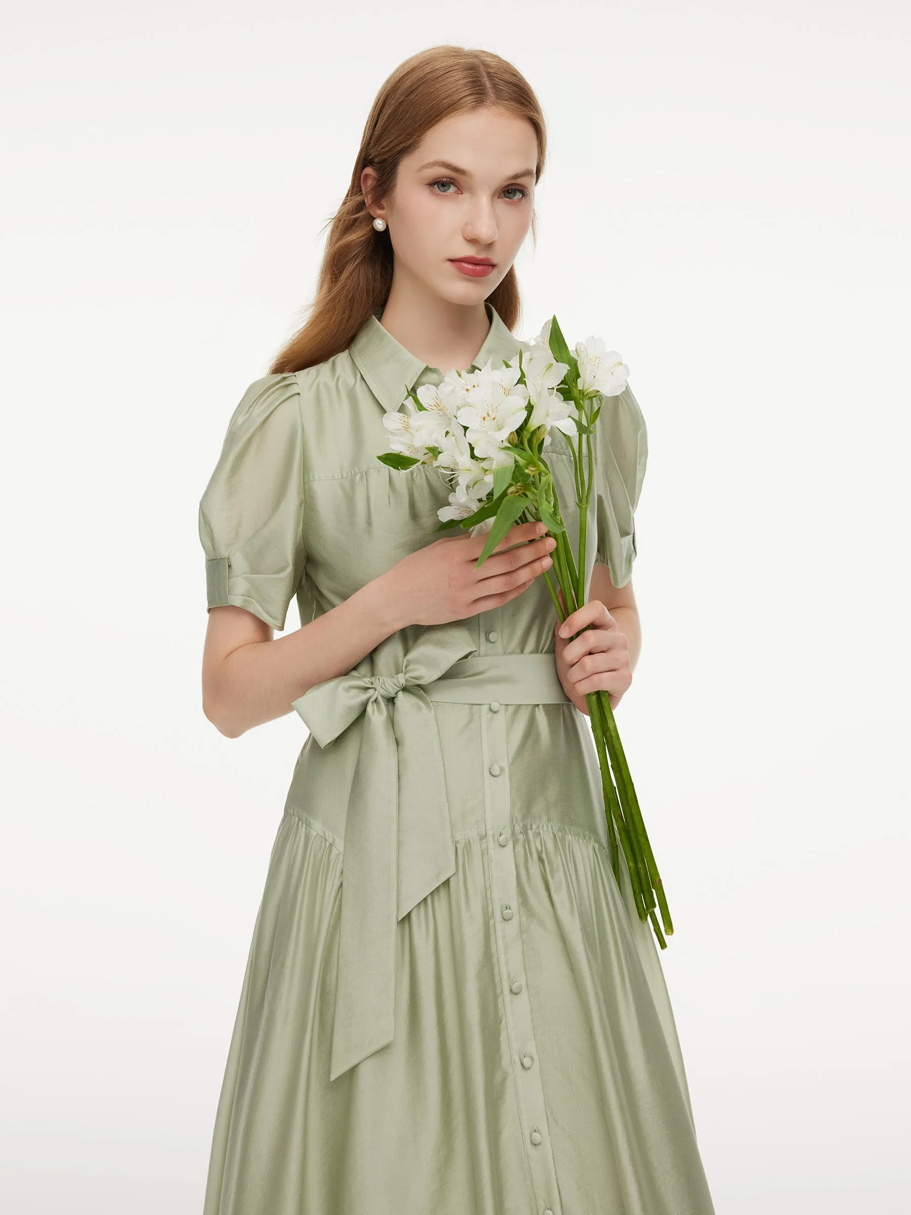 Tencel Blend Puff Sleeve Women Belted Maxi Shirt Dress sold by Goelia product image thumbnail 5