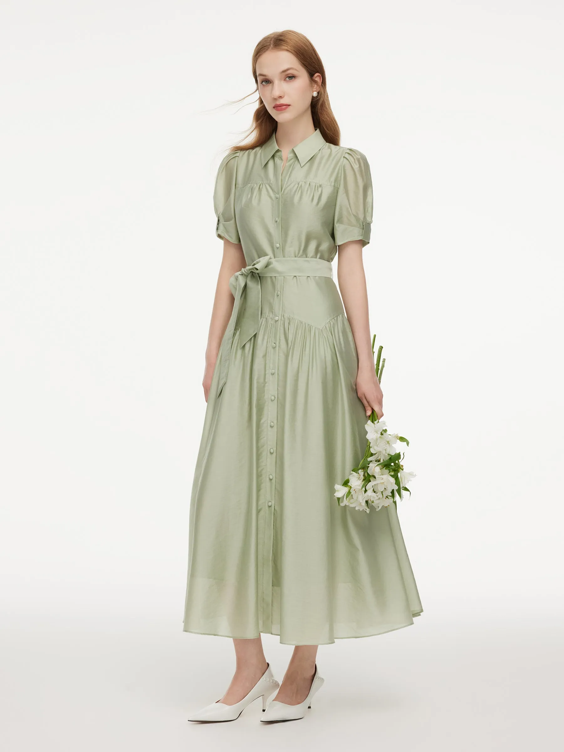 Tencel Blend Puff Sleeve Women Belted Maxi Shirt Dress sold by Goelia product image thumbnail 4