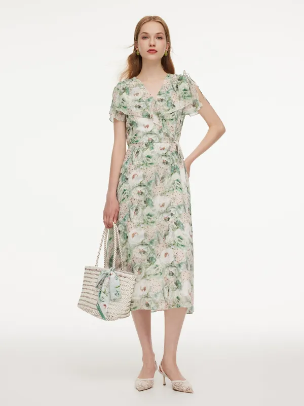 10MM Mulberry Silk Floral Print Ruffled Sleeve Women Wrap Maxi Dress made by Goelia
