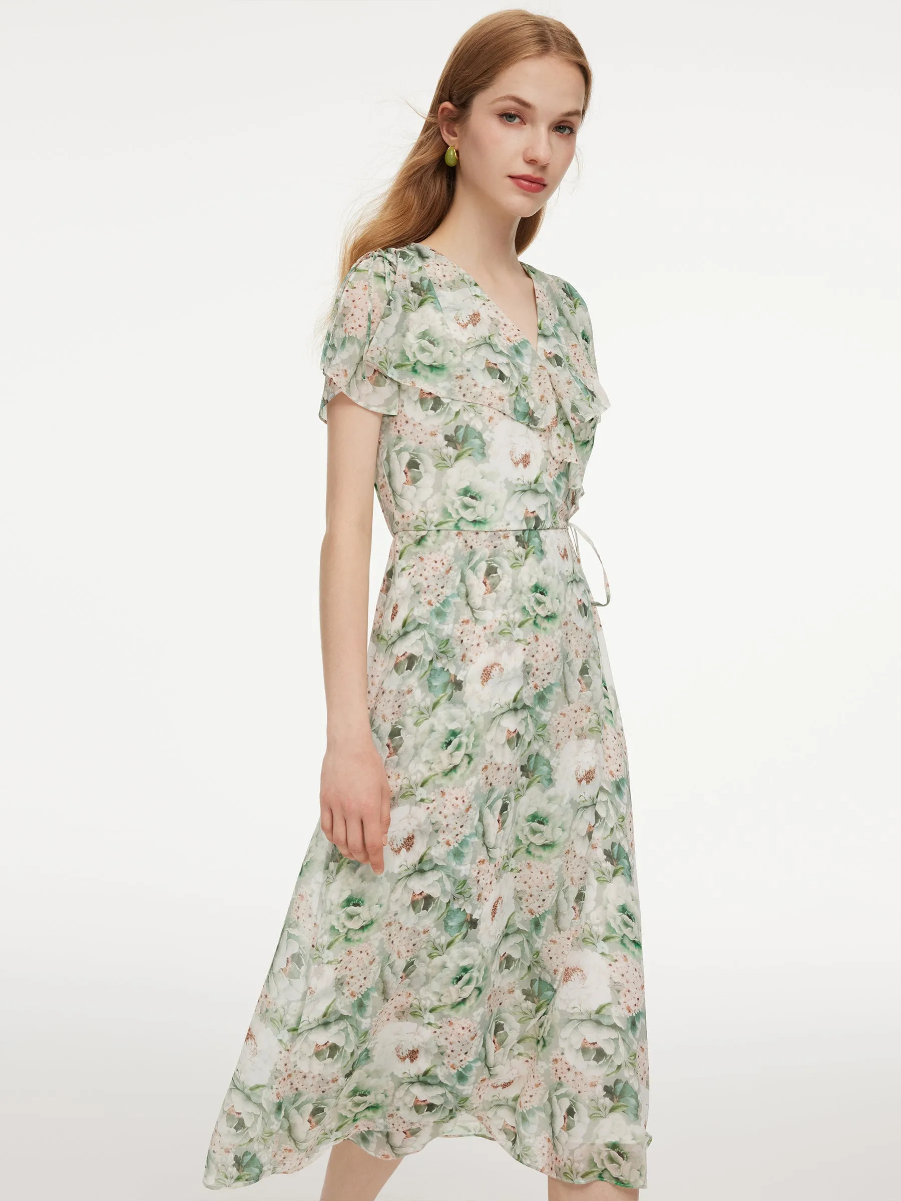 10MM Mulberry Silk Floral Print Ruffled Sleeve Women Wrap Maxi Dress sold by Goelia product image thumbnail 5