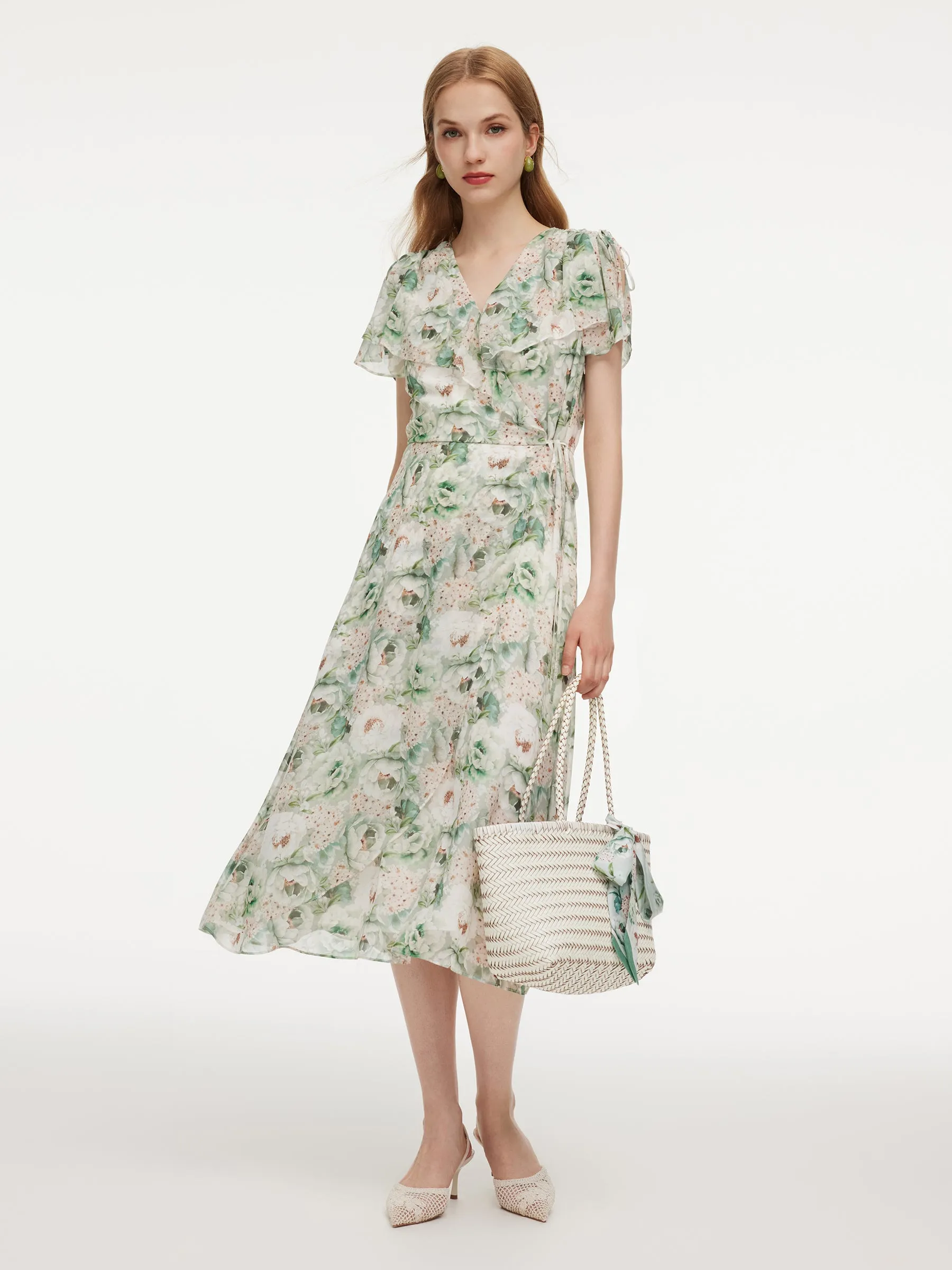 10MM Mulberry Silk Floral Print Ruffled Sleeve Women Wrap Maxi Dress sold by Goelia product image thumbnail 4