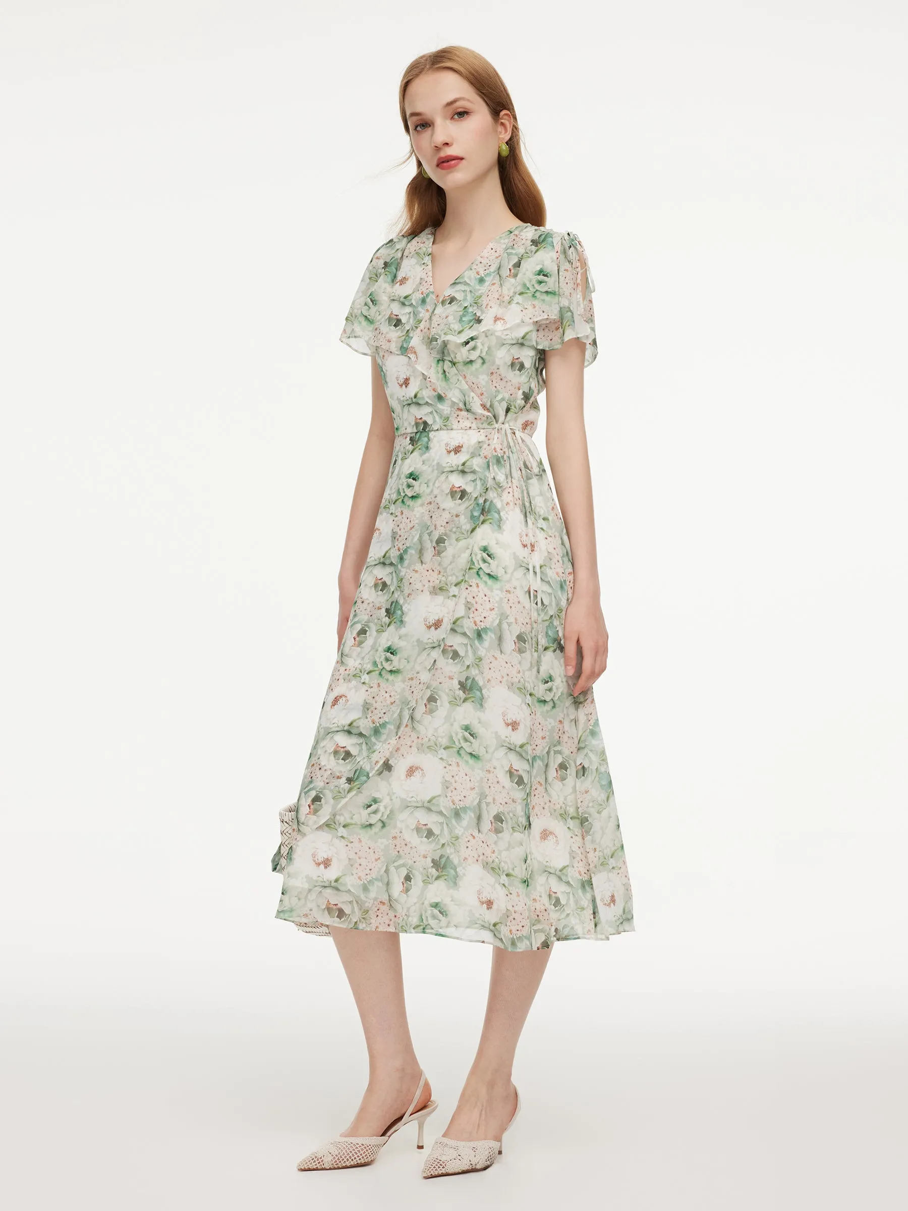 10MM Mulberry Silk Floral Print Ruffled Sleeve Women Wrap Maxi Dress sold by Goelia product image thumbnail 2