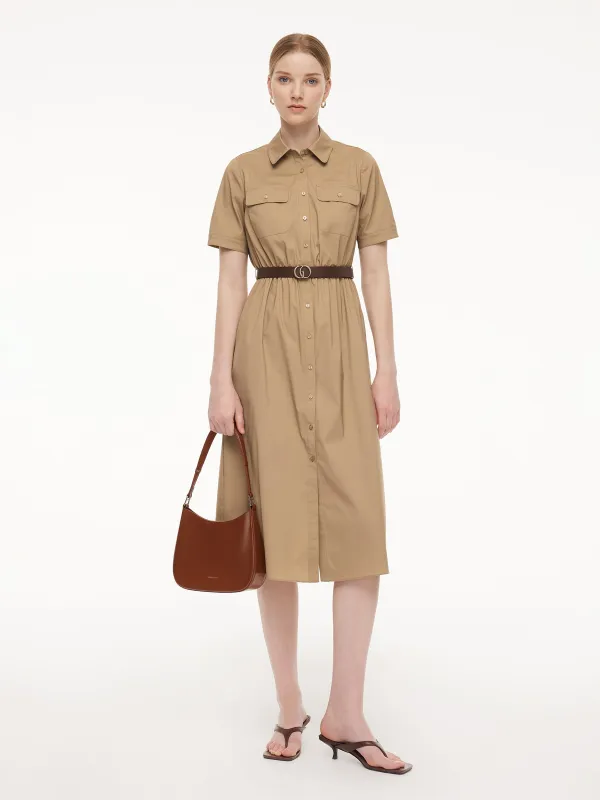 Cotton Blend Women Midi Shirt Dress With Leather Belt made by Goelia