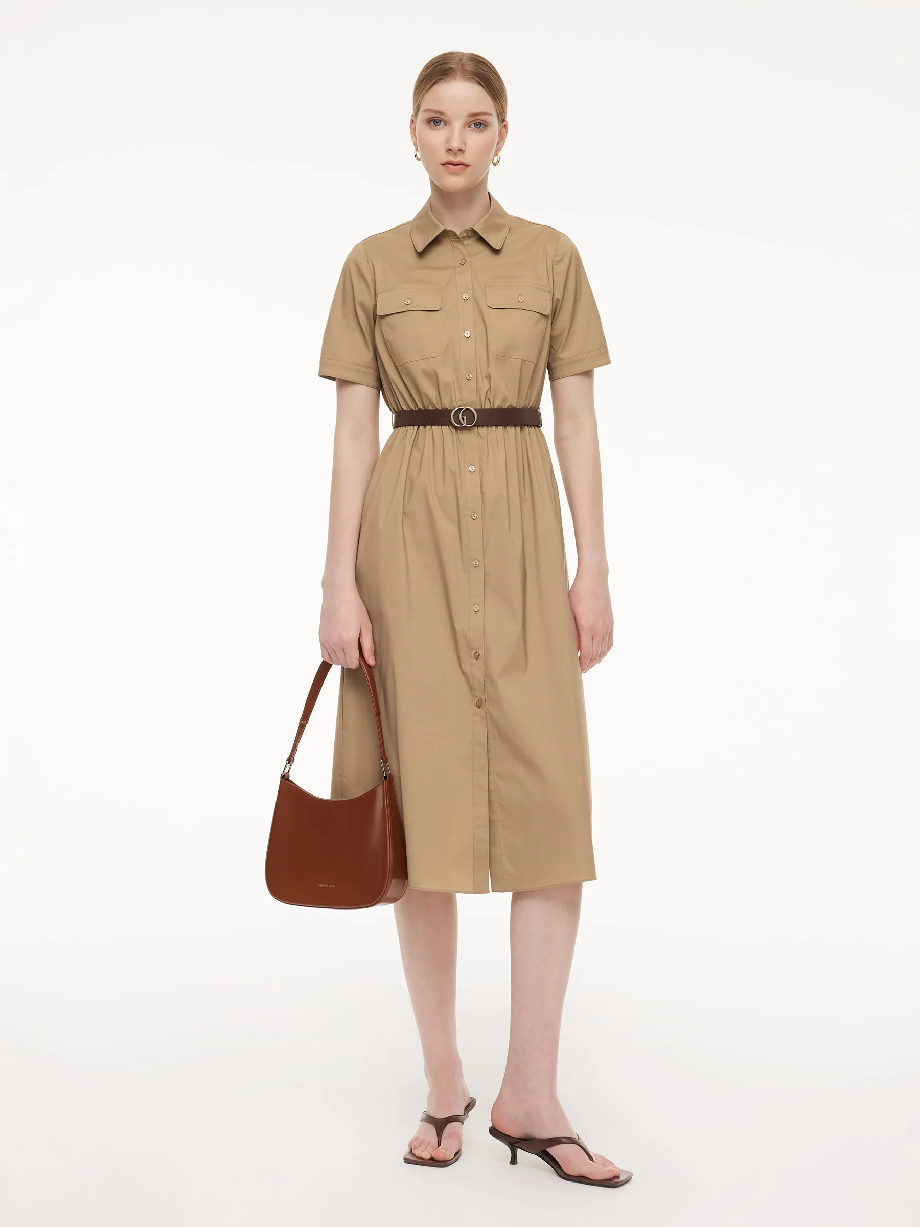 Cotton Blend Women Midi Shirt Dress With Leather Belt sold by Goelia