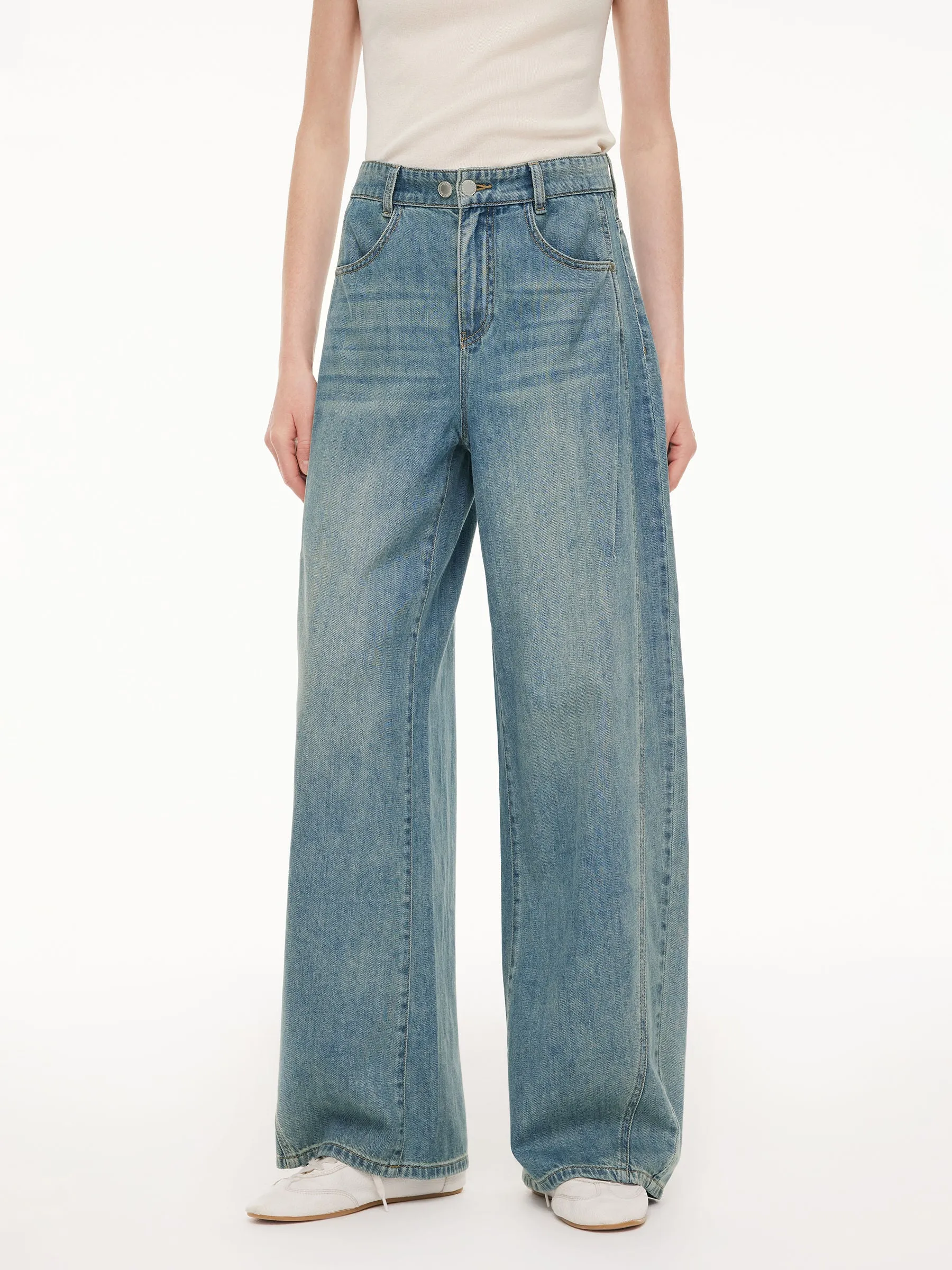 100% Cotton Denim Women Curved Leg Jeans sold by Goelia