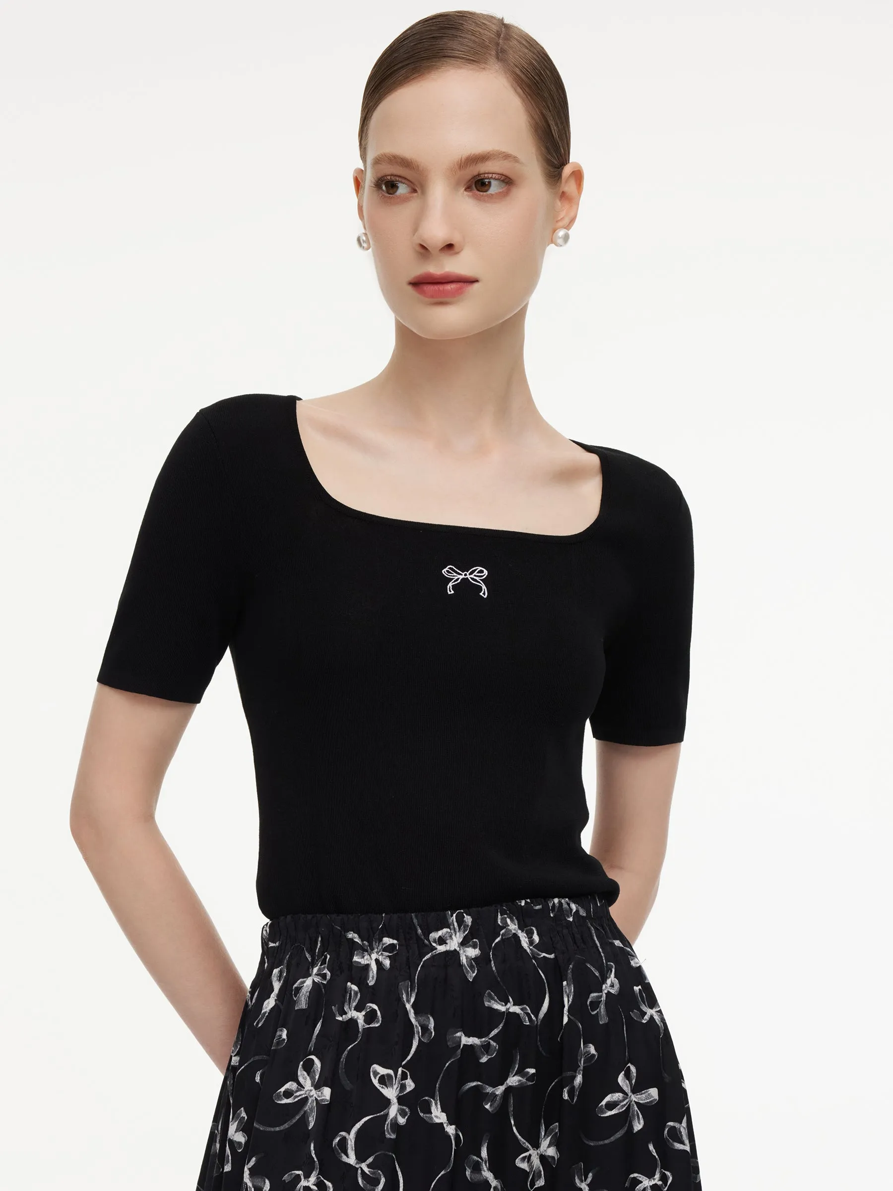 Lyocell Blend Bowknot Embroidered Women Square Neck Knit Top sold by Goelia product image thumbnail 3