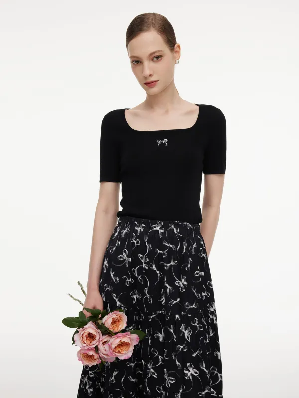 Lyocell Blend Bowknot Embroidered Women Square Neck Knit Top made by Goelia