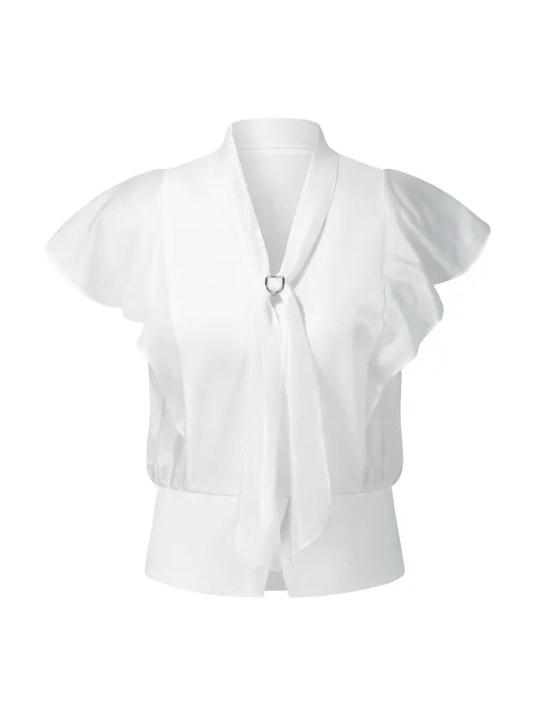100% Cotton Ruffle Sleeve Women Blouse With Detachable Scarf Buckle made by Goelia