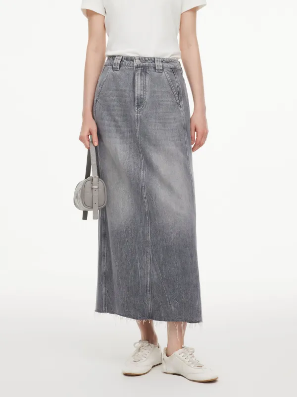 Lyocell Cotton Blend Denim Women Column Skirt made by Goelia
