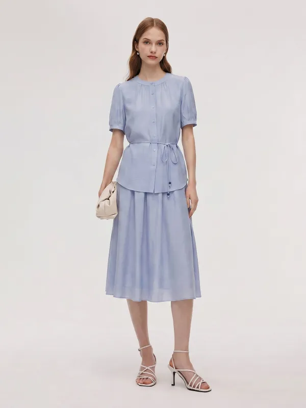 Acetate Blend Blouse And A-Line Skirt Belted Two-Piece Set made by Goelia