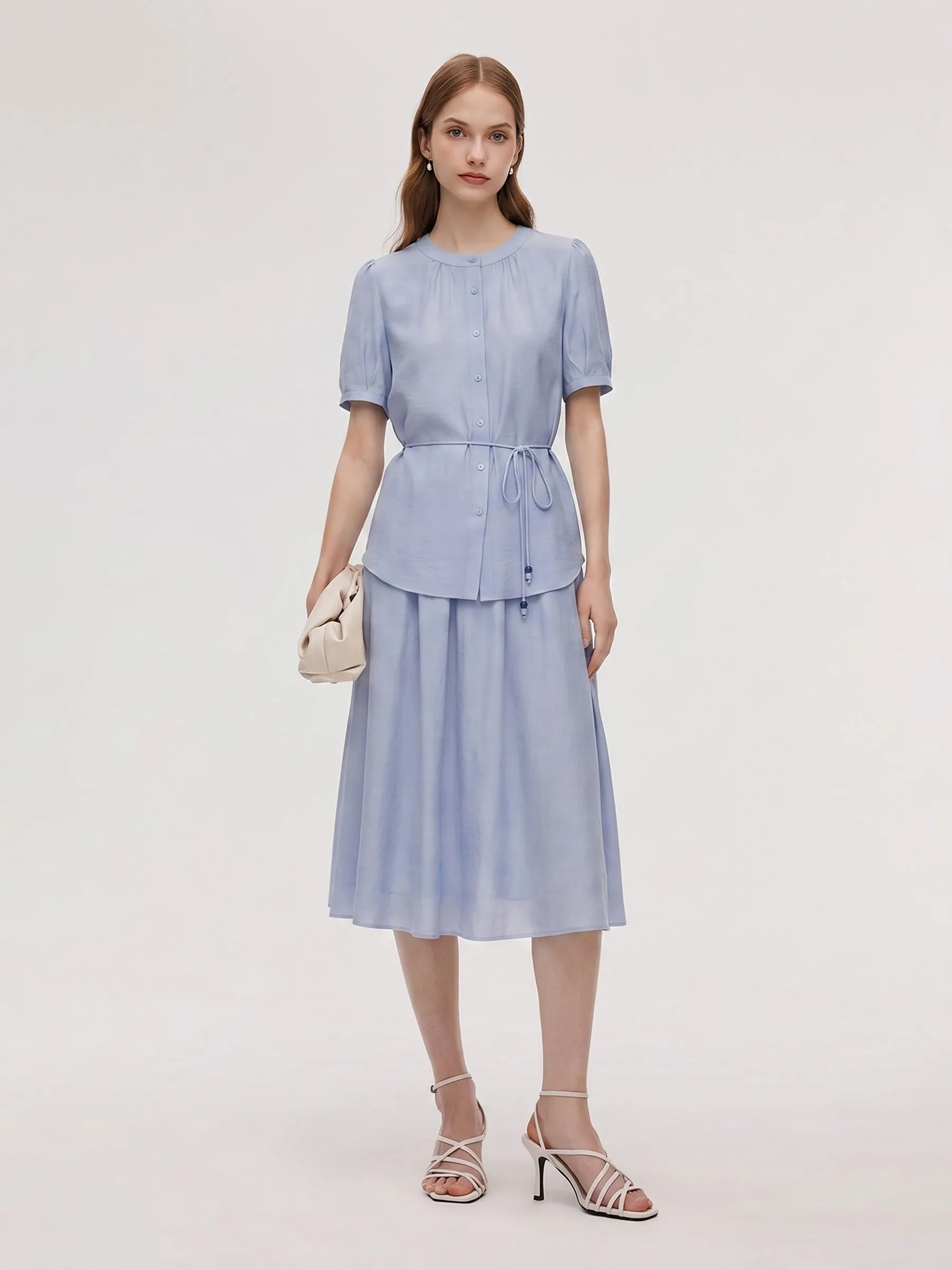 Acetate Blend Blouse And A-Line Skirt Belted Two-Piece Set sold by Goelia