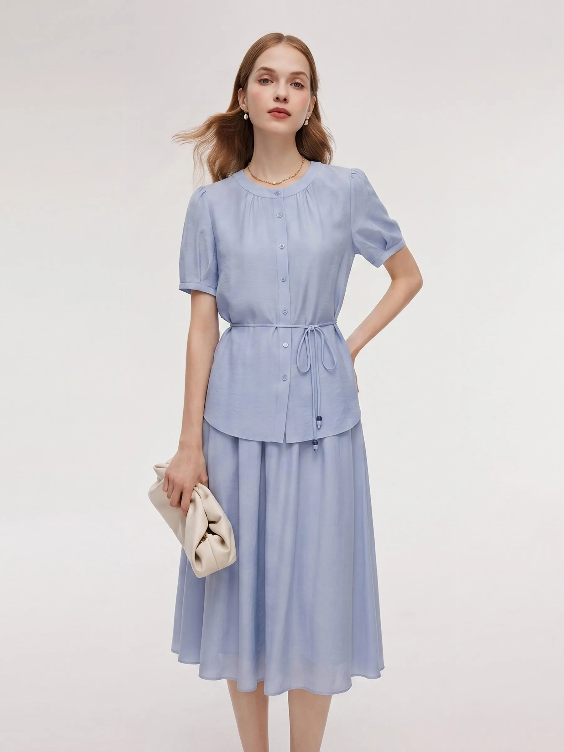 Acetate Blend Blouse And A-Line Skirt Belted Two-Piece Set sold by Goelia product image thumbnail 2