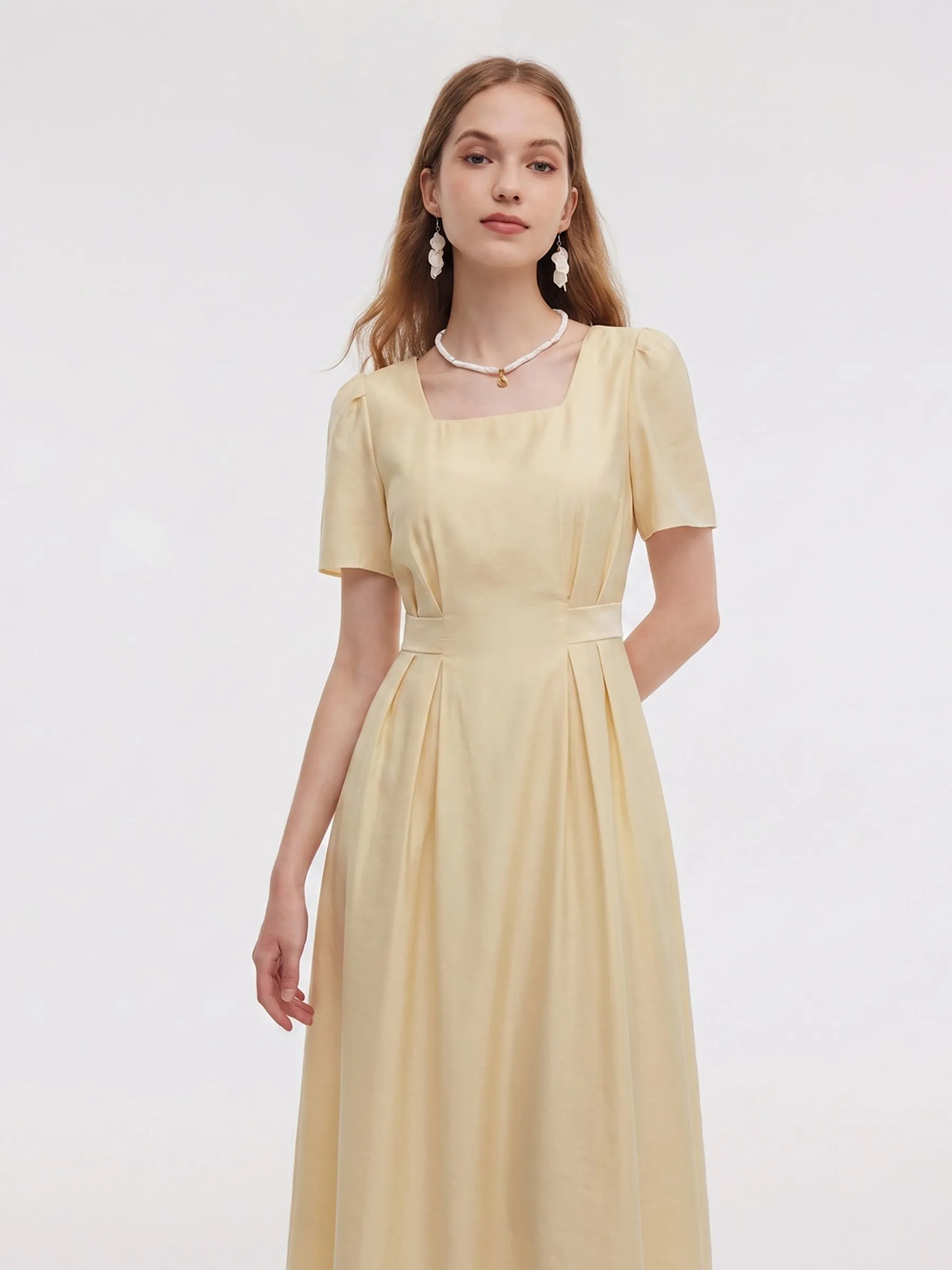 Pre-Order Tencel Blend Square Neck Women Gather-Waisted Maxi Dress sold by Goelia product image thumbnail 4