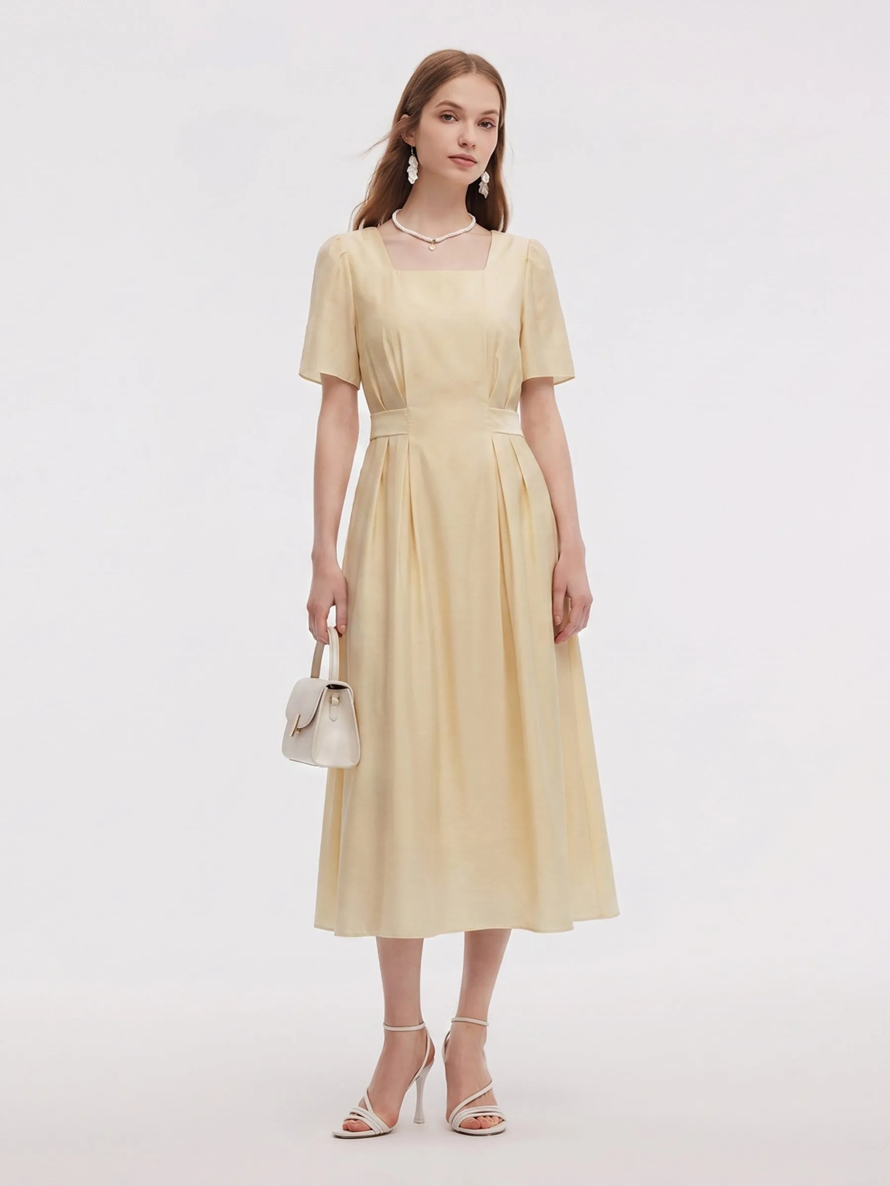 Pre-Order Tencel Blend Square Neck Women Gather-Waisted Maxi Dress sold by Goelia