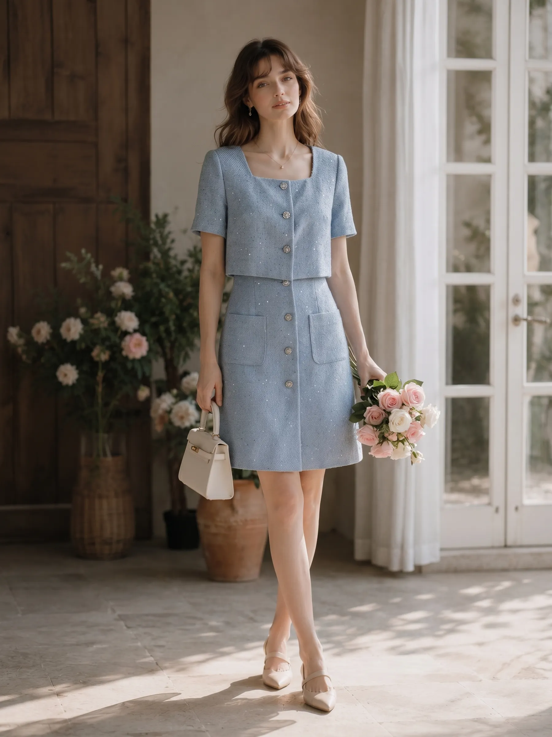 Acetate Blend Tweed Sequins Square Neck Women Mini Dress sold by Goelia product image thumbnail 4
