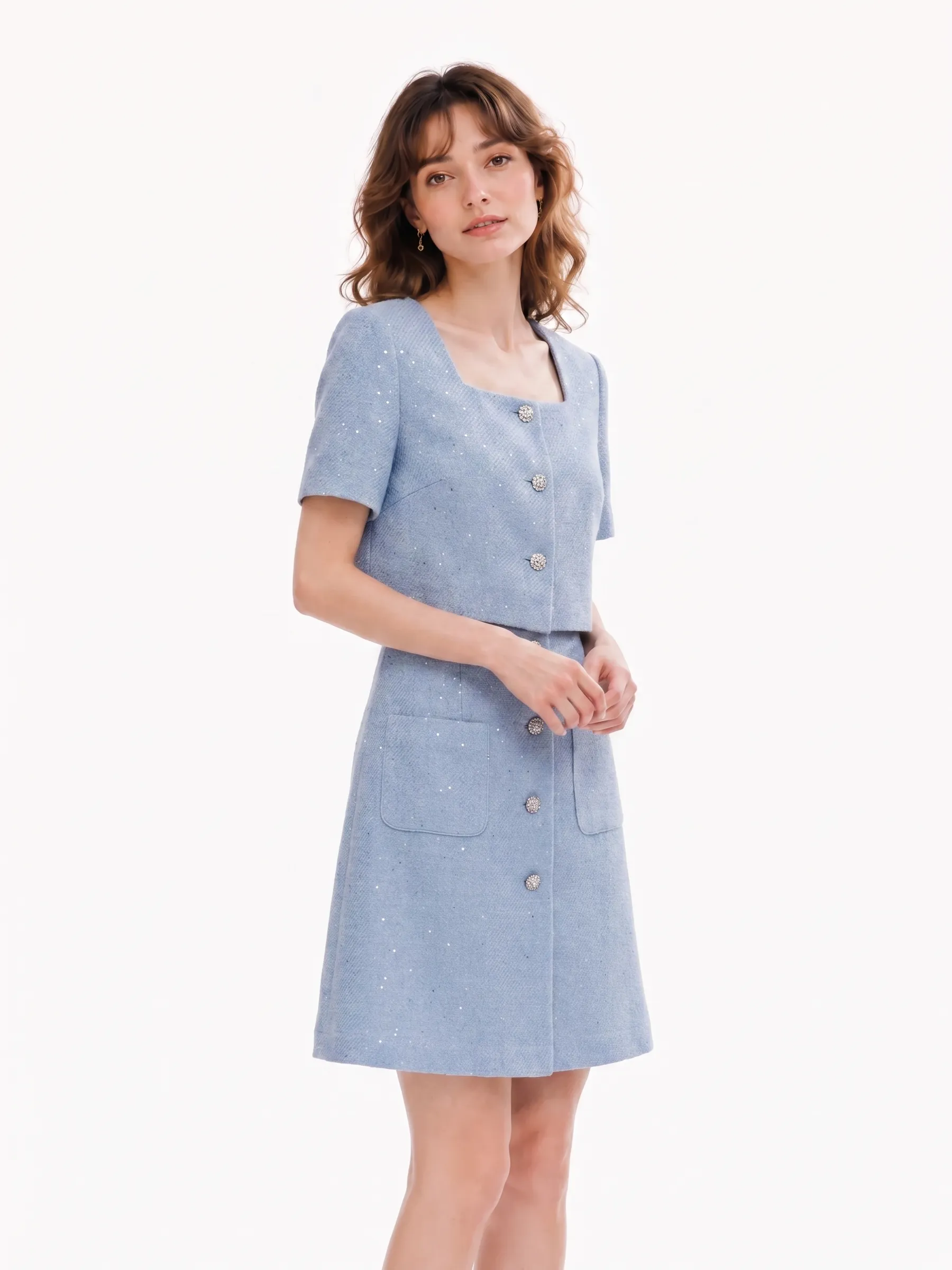 Acetate Blend Tweed Sequins Square Neck Women Mini Dress sold by Goelia product image thumbnail 2