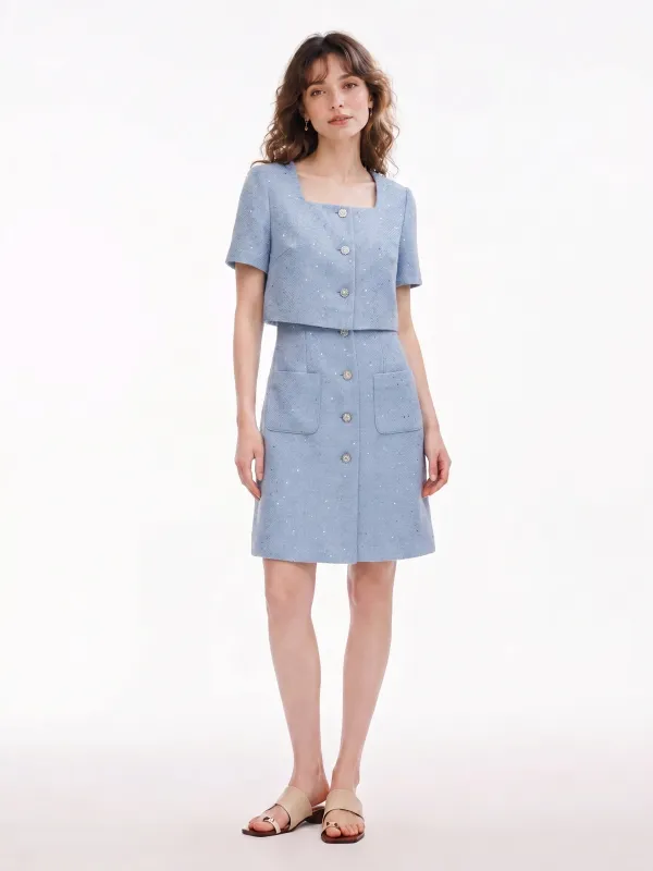 Acetate Blend Tweed Sequins Square Neck Women Mini Dress made by Goelia