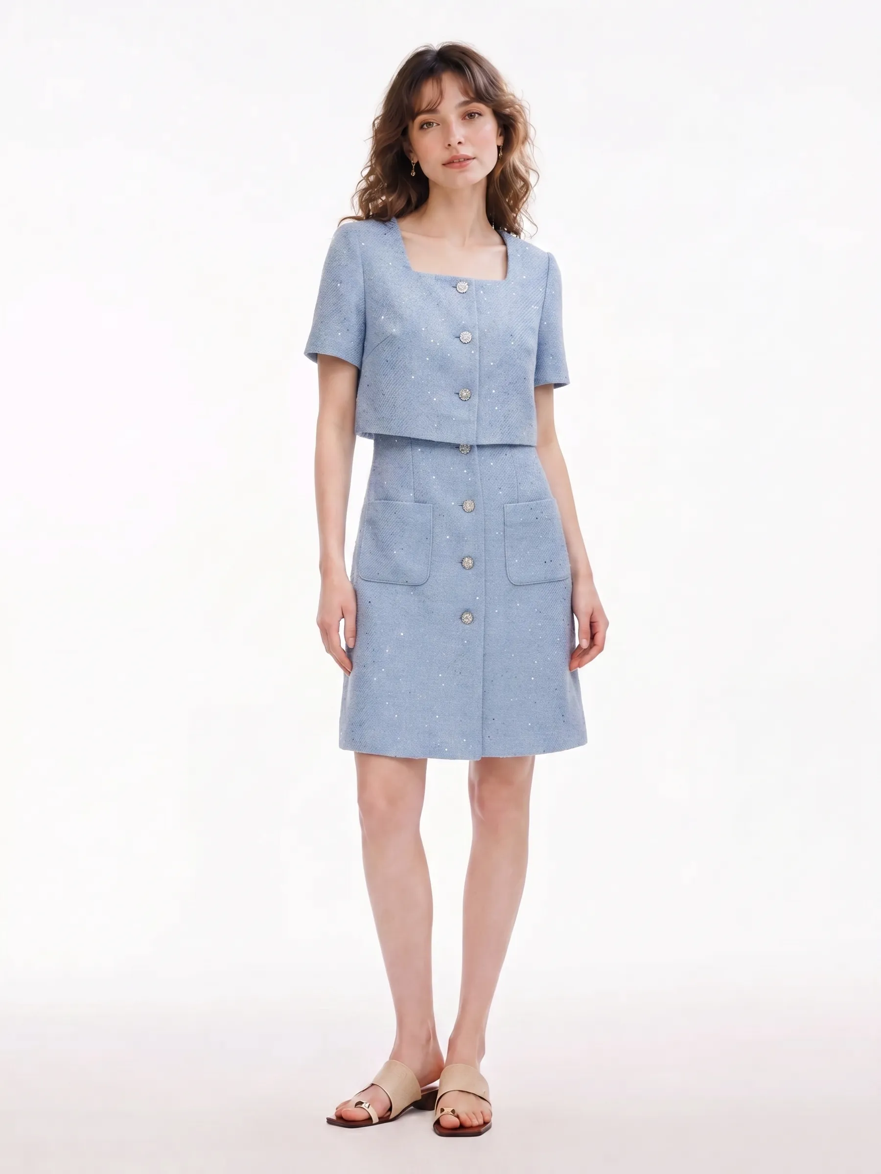 Acetate Blend Tweed Sequins Square Neck Women Mini Dress sold by Goelia
