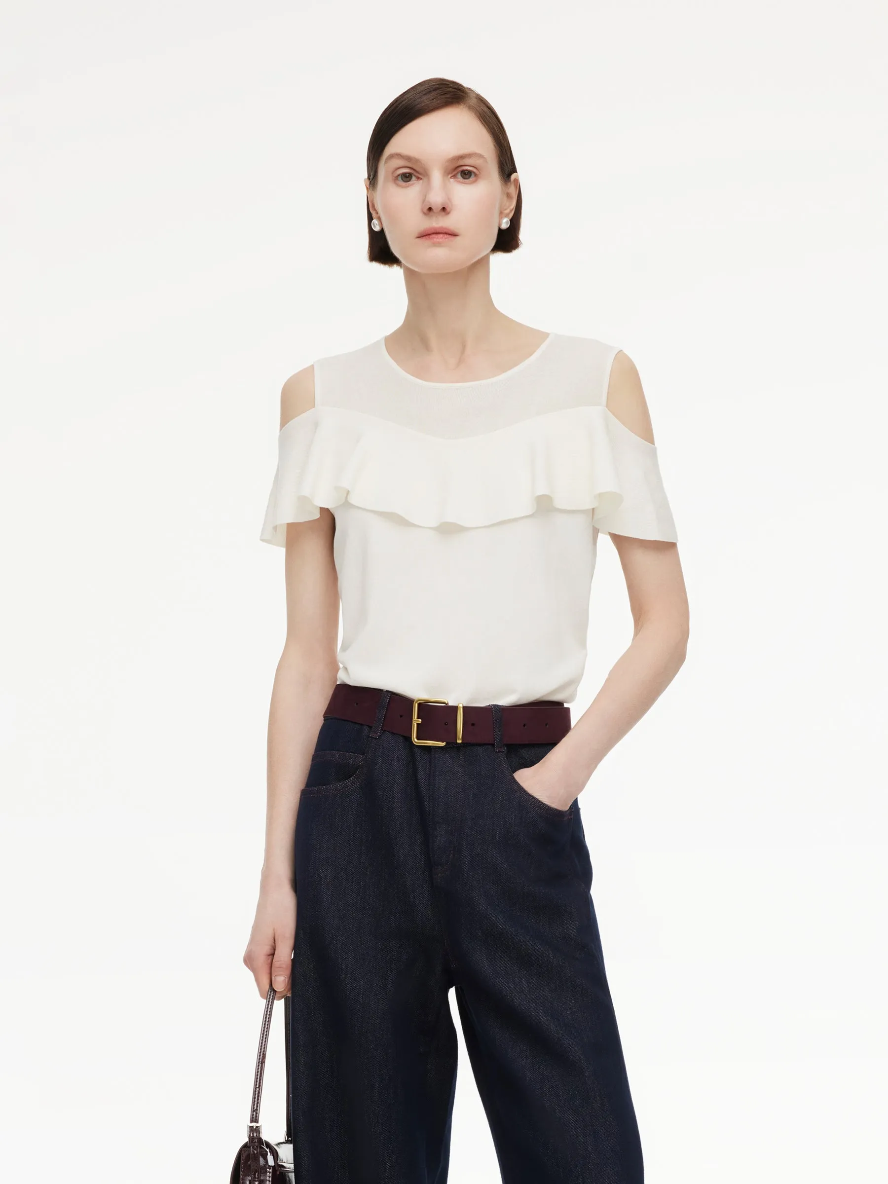 Tencel Blend Ruffle Cold Shoulder Women Knit Top sold by Goelia product image thumbnail 2