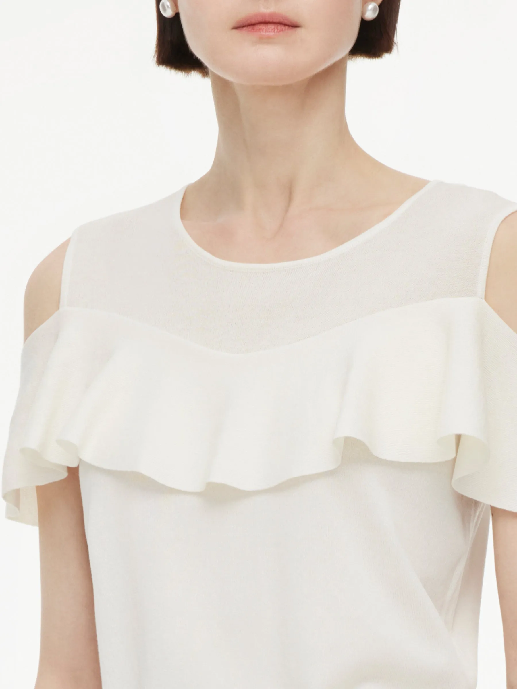 Tencel Blend Ruffle Cold Shoulder Women Knit Top sold by Goelia product image thumbnail 5