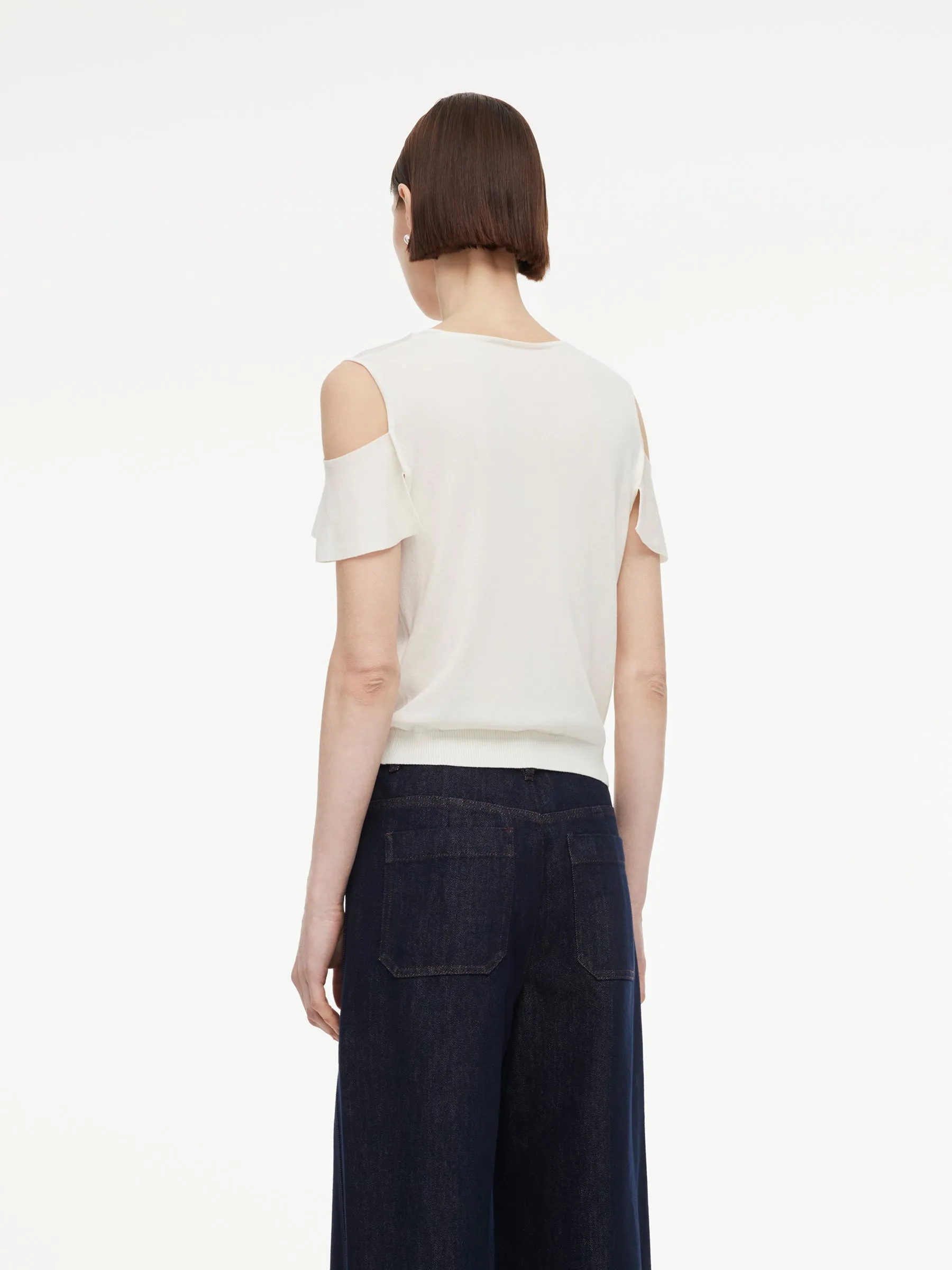 Tencel Blend Ruffle Cold Shoulder Women Knit Top sold by Goelia product image thumbnail 4
