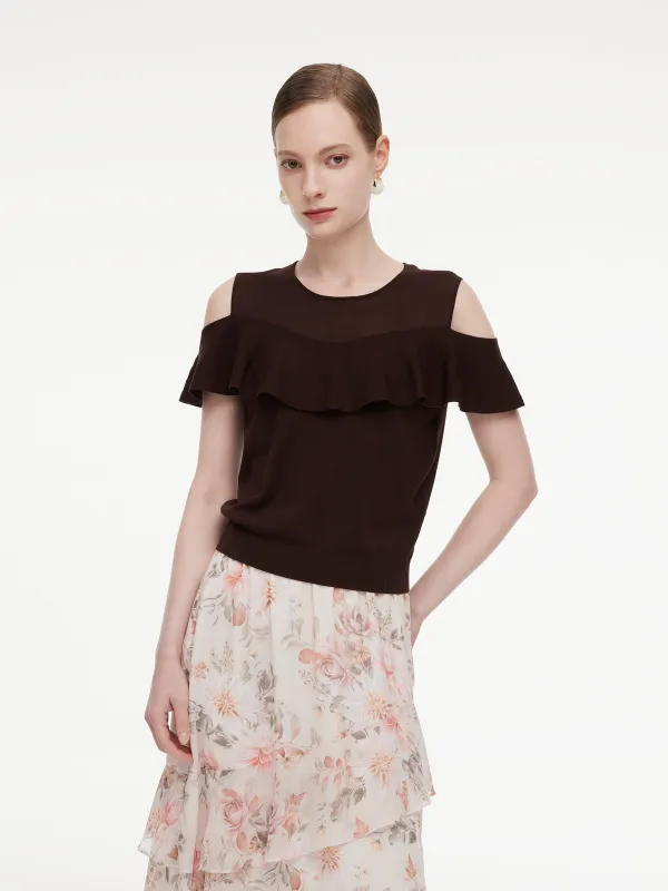 Tencel Blend Ruffle Cold Shoulder Women Knit Top made by Goelia