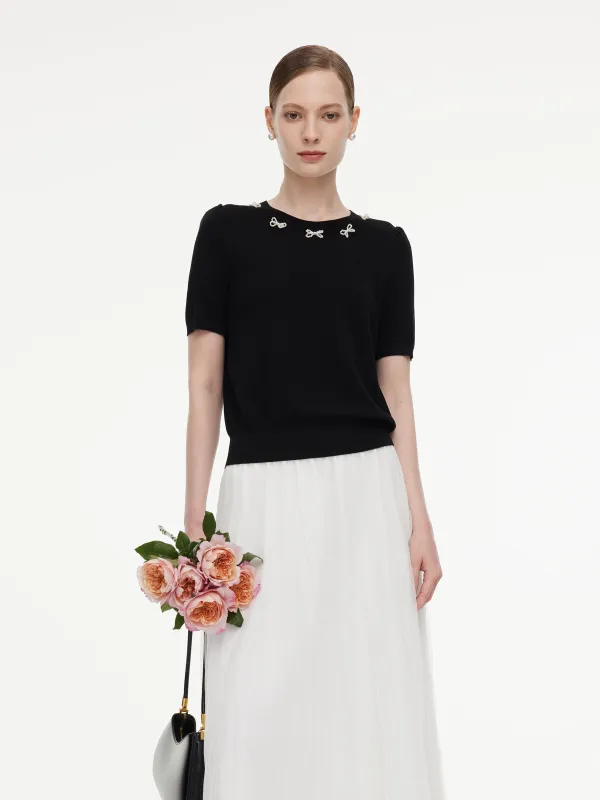Lyocell Blend Beaded Bowknot Women Knit Top made by Goelia
