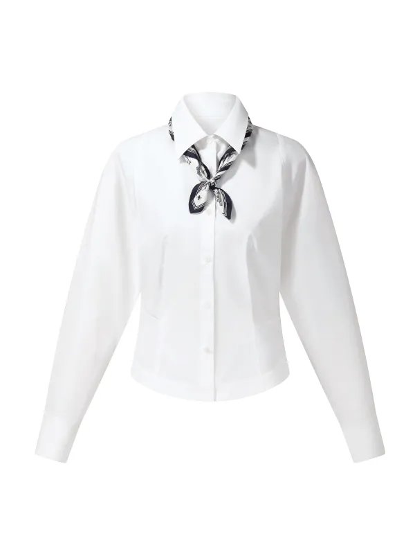 Cotton Blend Gather-Waisted Women Shirt With Silk Scarf made by Goelia