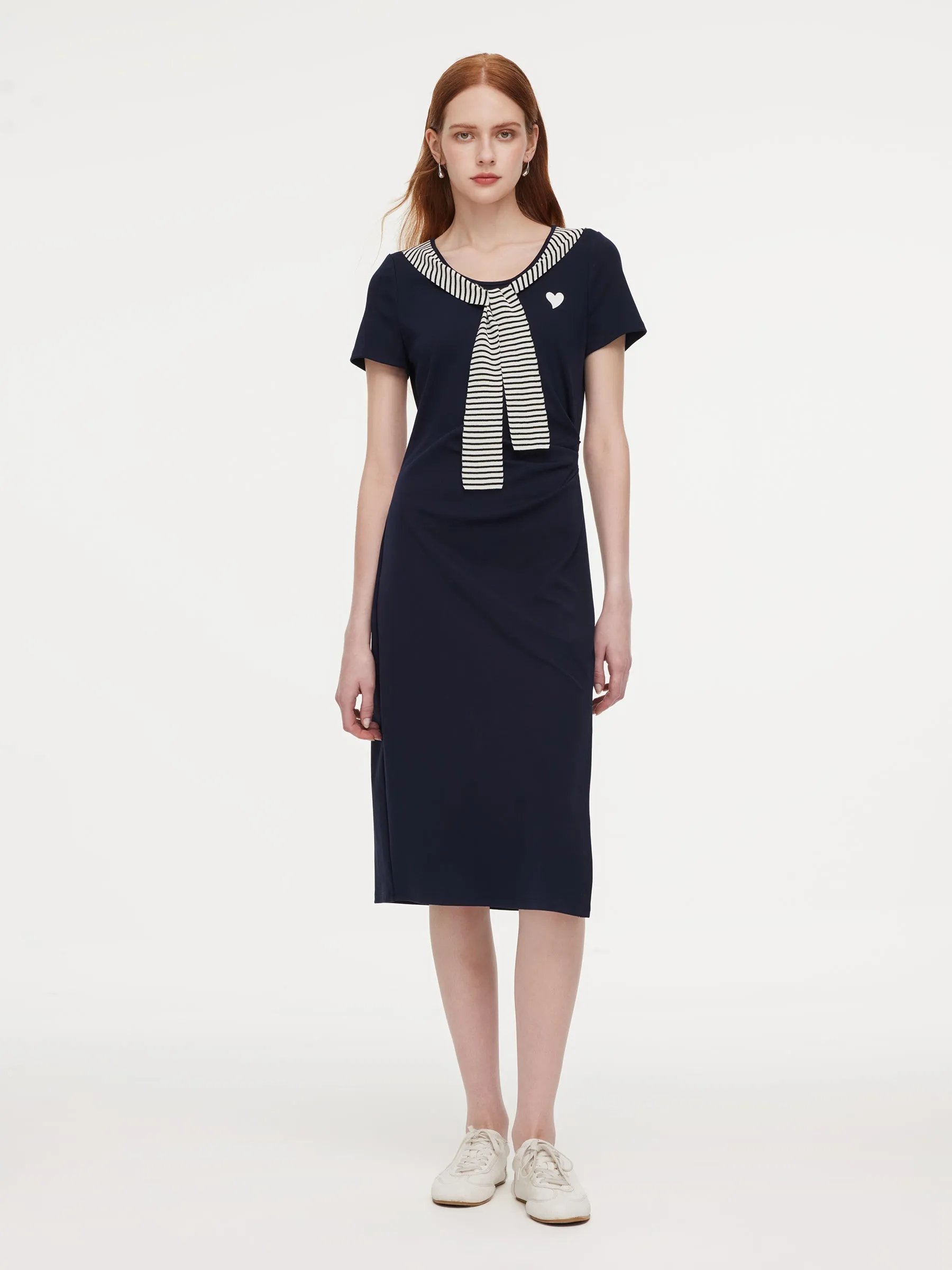 Stripe Scarf Neck Women Slit Knit Midi Dress sold by Goelia product image thumbnail 2