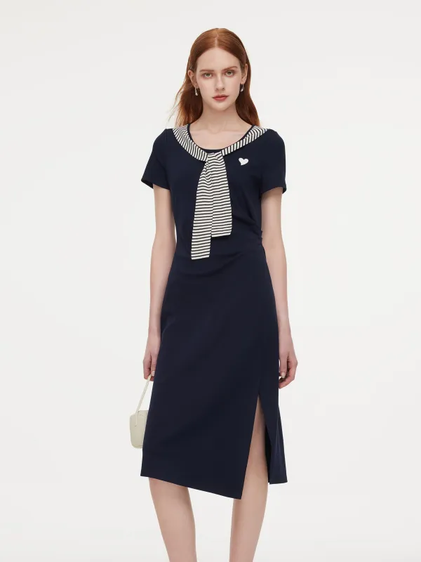 Stripe Scarf Neck Women Slit Knit Midi Dress made by Goelia