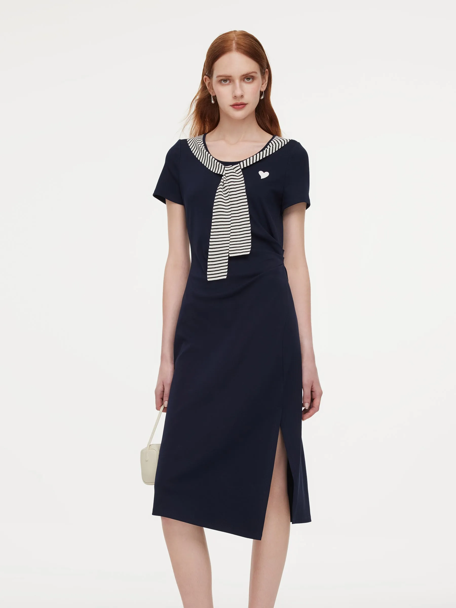 Stripe Scarf Neck Women Slit Knit Midi Dress sold by Goelia