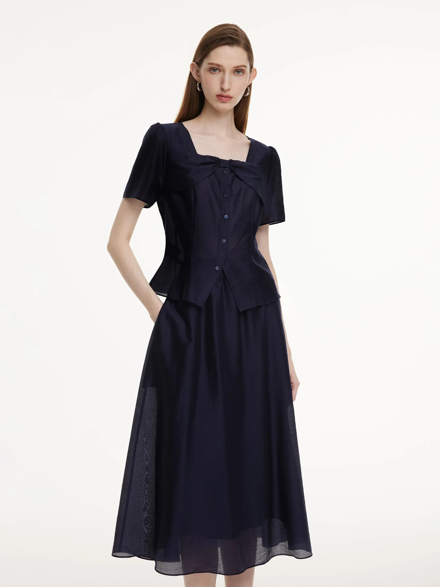 Tencel Blend Bowknot Blouse And Skirt Two-Piece Set sold by Goelia product image thumbnail 5