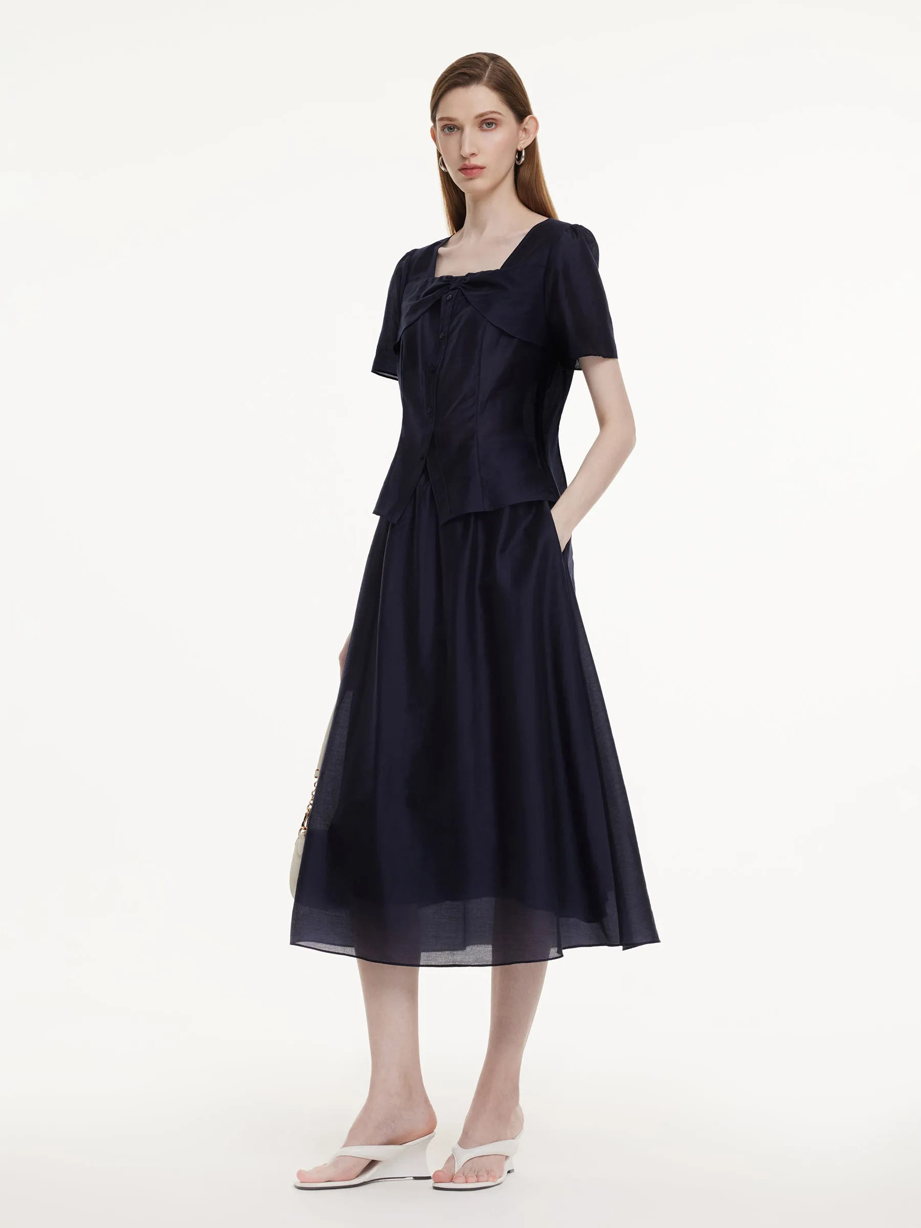 Tencel Blend Bowknot Blouse And Skirt Two-Piece Set sold by Goelia product image thumbnail 2