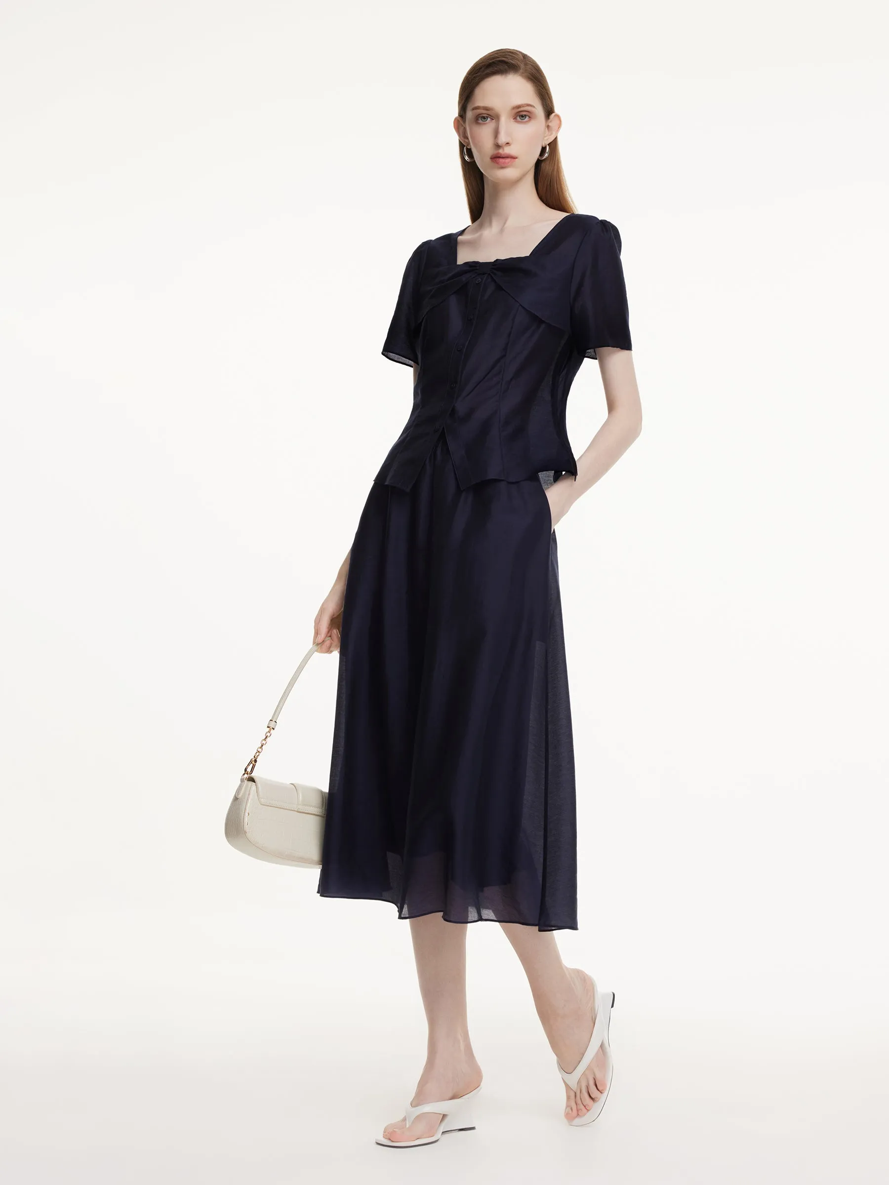 Tencel Blend Bowknot Blouse And Skirt Two-Piece Set sold by Goelia product image thumbnail 4